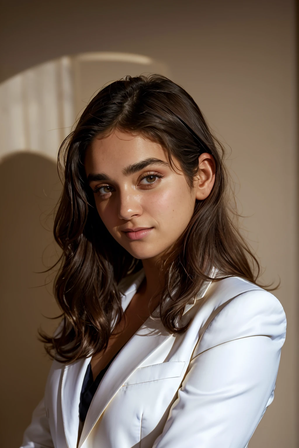  (portrait, upper body focus) photograph of (1girl, 23 years old, slight smile)>, <lora:ZH_GeraldineV_v1SD1.5:1>, zh_geraldinev, solo, realistic, long hair, brown eyes, dark skin, looking at viewer, wearing (white suit, lace top, jacket)