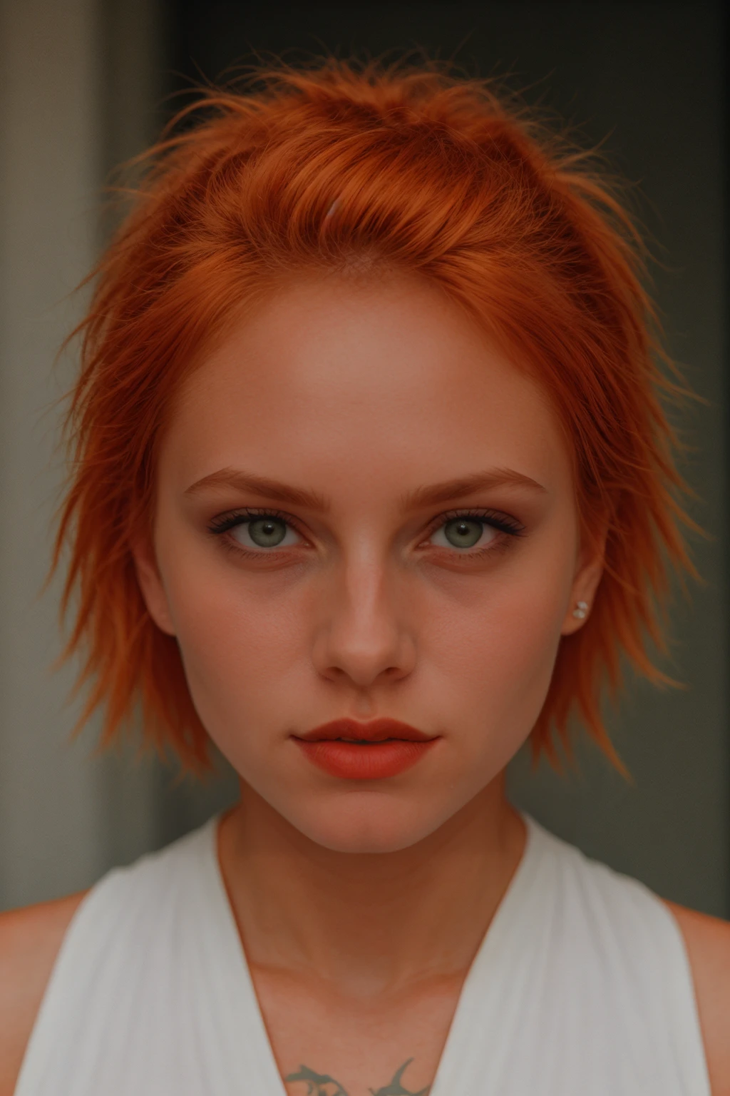 closeup Portrait photography. High Contrast. Fine facial details. Artful interplay of light and shadow. (orange hair). skimpy white dress, Pale skin. Piercing eyes. Ruby lips. Depth of field. Divine glow. <lora:[VG]_-_Tyris_Flare:1>