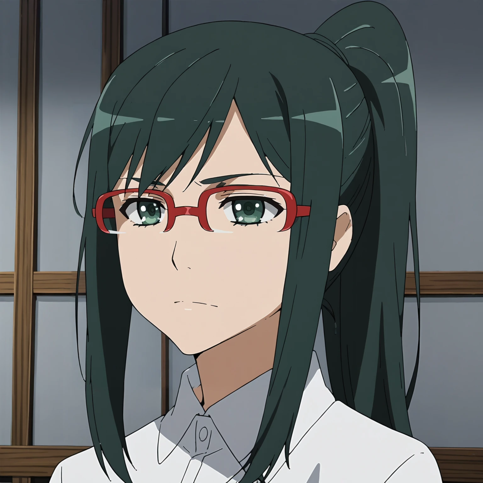 <lora:ChirikoTsurumiXLpony001>,
solo,
ChirikoTsurumi,1girl,black green hair,long hair,green eyes,
over-rim eyewear,red-framed eyewear,ponytail,