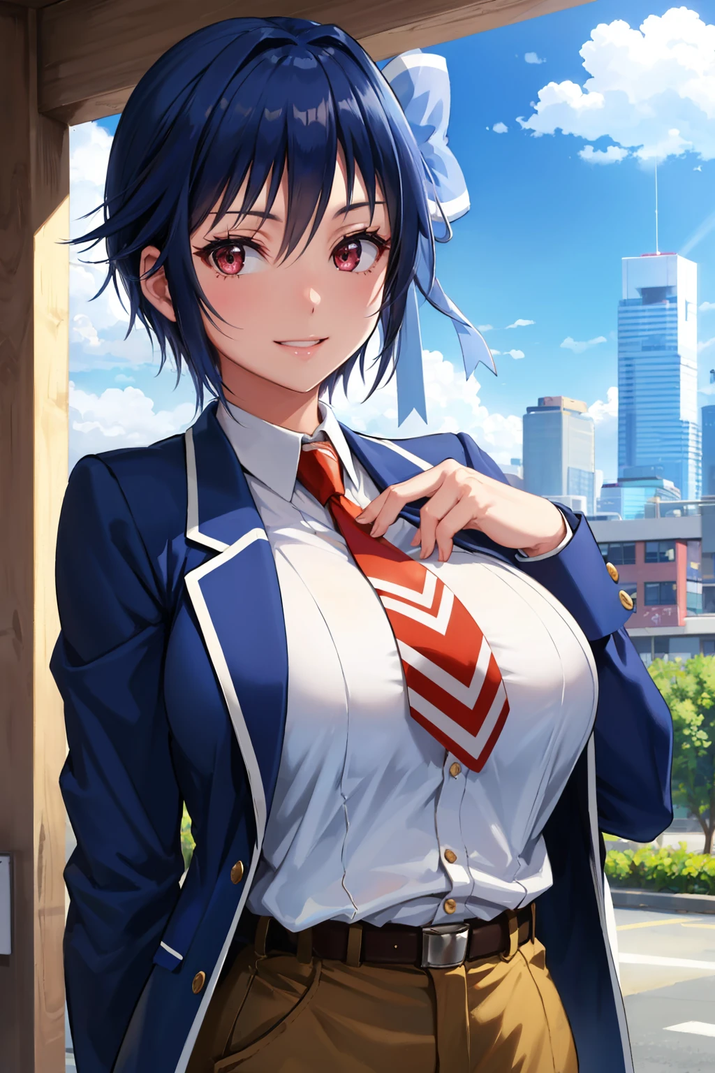 masterpiece, best quality, 1girl,  <lora:tsugumi-nvwls-v1-000008:0.9> tsugumi seishirou, hair bow, blue jacket, white shirt, collared shirt, red necktie, belt, brown pants, upper body, looking at viewer, large breasts, blue sky, city, light smile