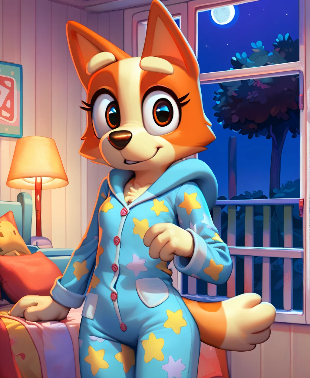 score_9, score_8_up, score_8, 1girl, <lora:blueyxl:0.85>, 18 years old, source_cartoon, source_furry, blueyxl, bingo heeler, (boxchibi:0.8), cowboy shot, anthro, furry, tail, orange body, animal ears, flat shaded background, indoors, curvy, petite, detailed fur texture, pajamas, flat chest, onesie, slim, <lora:incase---1:0.4>, looking at viewer, at night, dark atmosphere