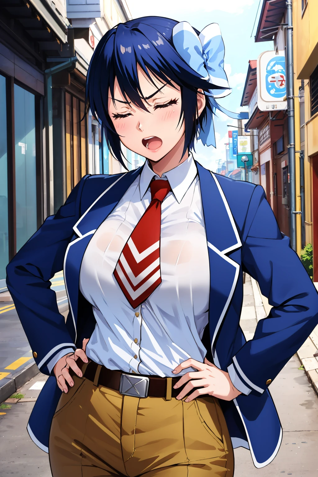 masterpiece, best quality, 1girl,  , , ,<lora:tsugumi-nvwls-v1-000008:0.9> tsugumi seishirou, hair bow, blue jacket, white shirt, collared shirt, red necktie, belt, brown pants, closed eyes, annoyed, open mouth, hand on hip, city, sigh, alleyway, large breasts