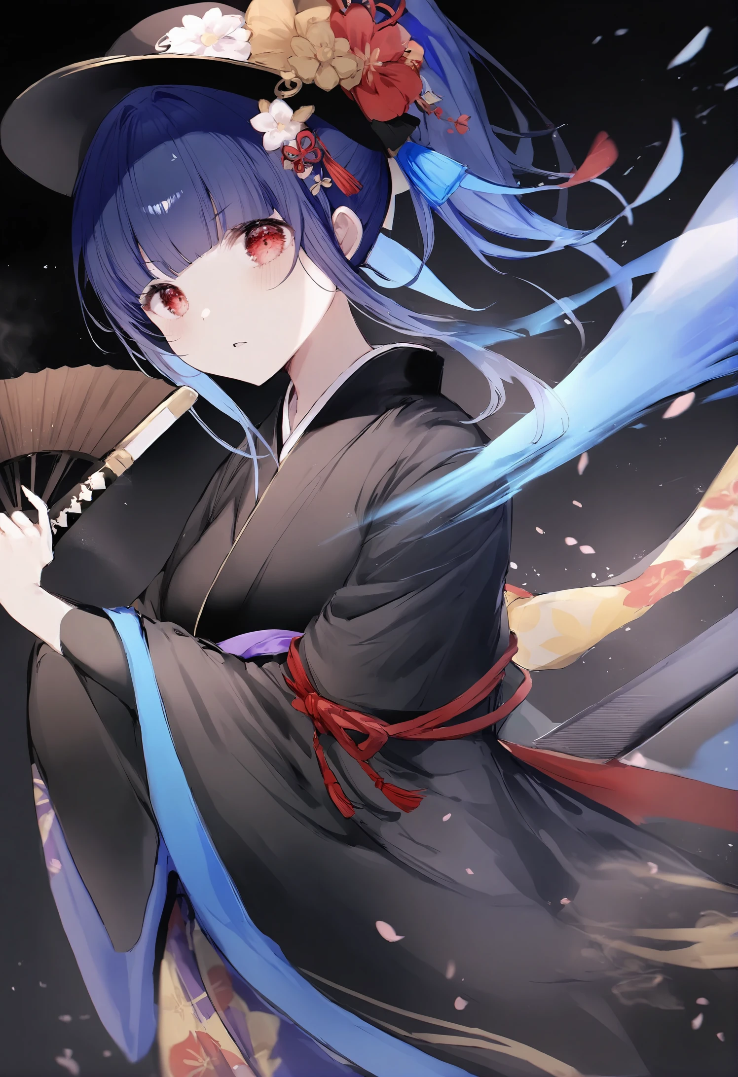 1girl,
noyu \(noyu23386566\),
black sleeves, long sleeves, holding, black headwear, holding fan, ponytail, sidelocks, blue hair, parted lips, red eyes, hair ornament, medium hair, hand fan, multicolored clothes, holding sword, solo focus, weapon, folding fan, multicolored kimono, wide sleeves, looking at viewer, alternate costume, katana, japanese clothes, black kimono, blunt bangs, kimono, black background, hat, blush, sword, holding weapon,
masterpiece, best quality, newest
<lora:noyu_(noyu23386566)_image145_2024-03-28_a31-000048:1>