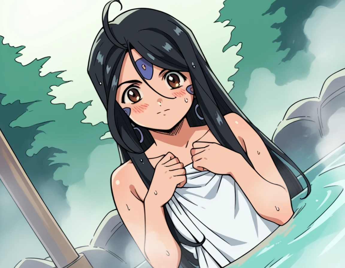 Anime girl with a crown on her head, from Pokémon, close-up!, nocturnal!, anime style of pokemon, scales showing her breasts,, purple eyes, purple pupil, anime style", official art, sweating profusely, bright!, closeup!!!!, her face flushed and sweating, naughty face, rin, closeup of Iwakura Lain