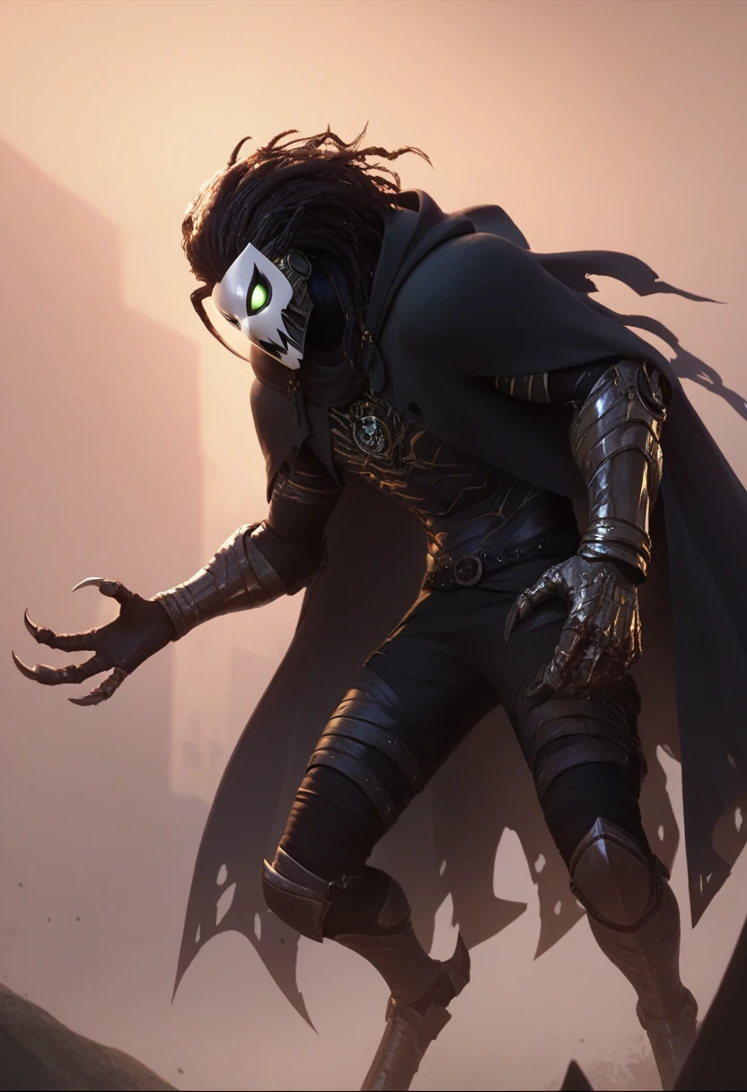 <lora:morales:0.8> score_9, score_8_up, score_7_up,  mrls, 1boy, mask, dread hair, metal claws, cloak