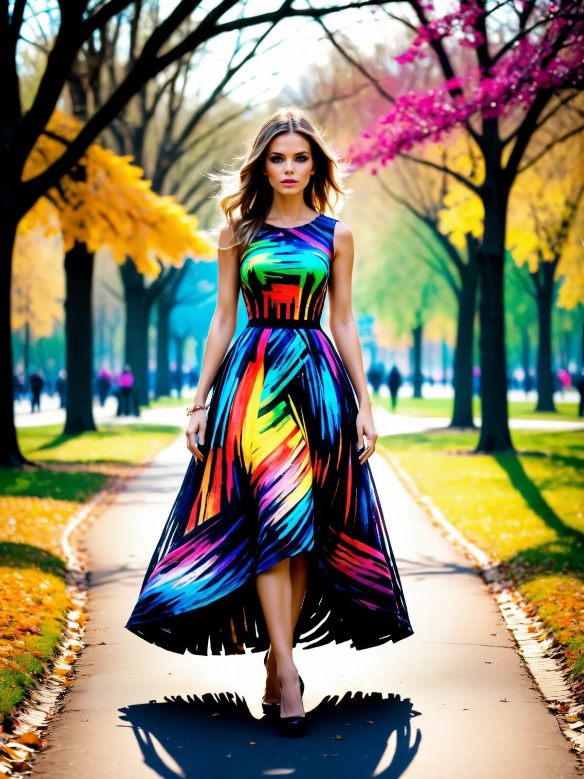 woman wearing a dress made of  colorful mad-nksktch walking through park <lora:Ink_Sketch_SDXL:0.9>, (masterpiece:1.2), best quality