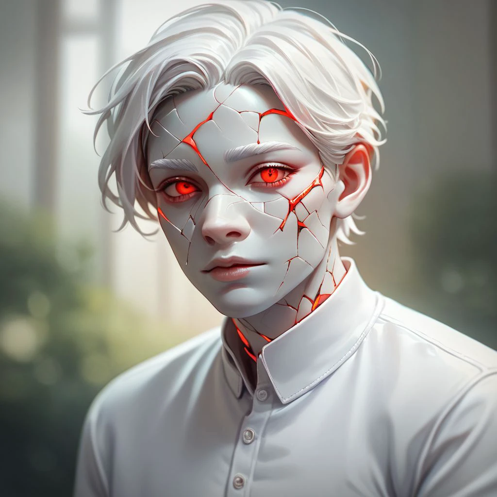 (((beautiful, high quality))), upper Body, score_9, score_8_up, score_7_up, 
easynegative, GenasiEarth,
1boy, male focus, marble skin, glowing red cracks, red eyes, white hair, white shirt,
looking at the viewer, posing, 
blurred background,