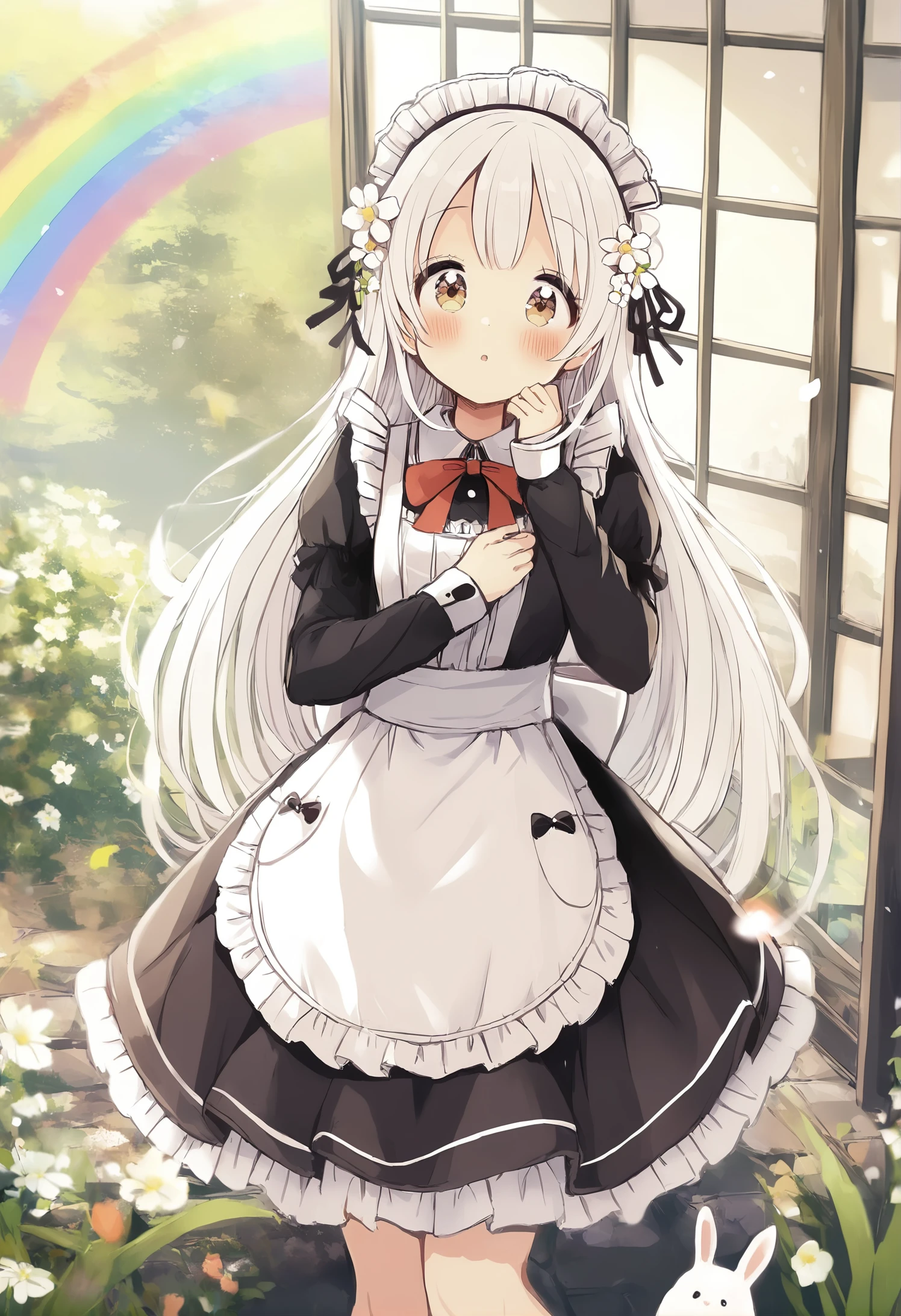 1girl, 
sakura oriko, 
rabbit, frills, sleeves past wrists, puffy long sleeves, brown eyes, dress, white apron, day, looking at viewer, parted lips, hand up, window, outdoors, waist apron, flower, puffy sleeves, apron, bow, very long hair, white flower, rainbow, red bow, black dress, :o, long hair, white hair, frilled dress, maid headdress, long sleeves, hair flower, hair ornament, blush, 
masterpiece, best quality
 <lora:sakura_oriko_image615_2024-03-28_a31:1>