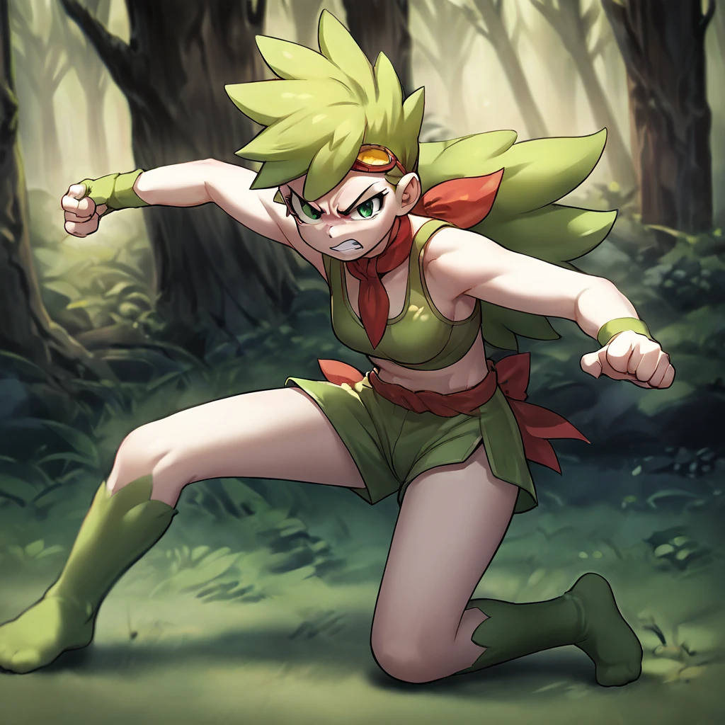 score_9, score_8_up, score_7_up, score_6_up, score_5_up, score_4_up, source_anime,  Shaymin_Human, forest, angry, fighting pose