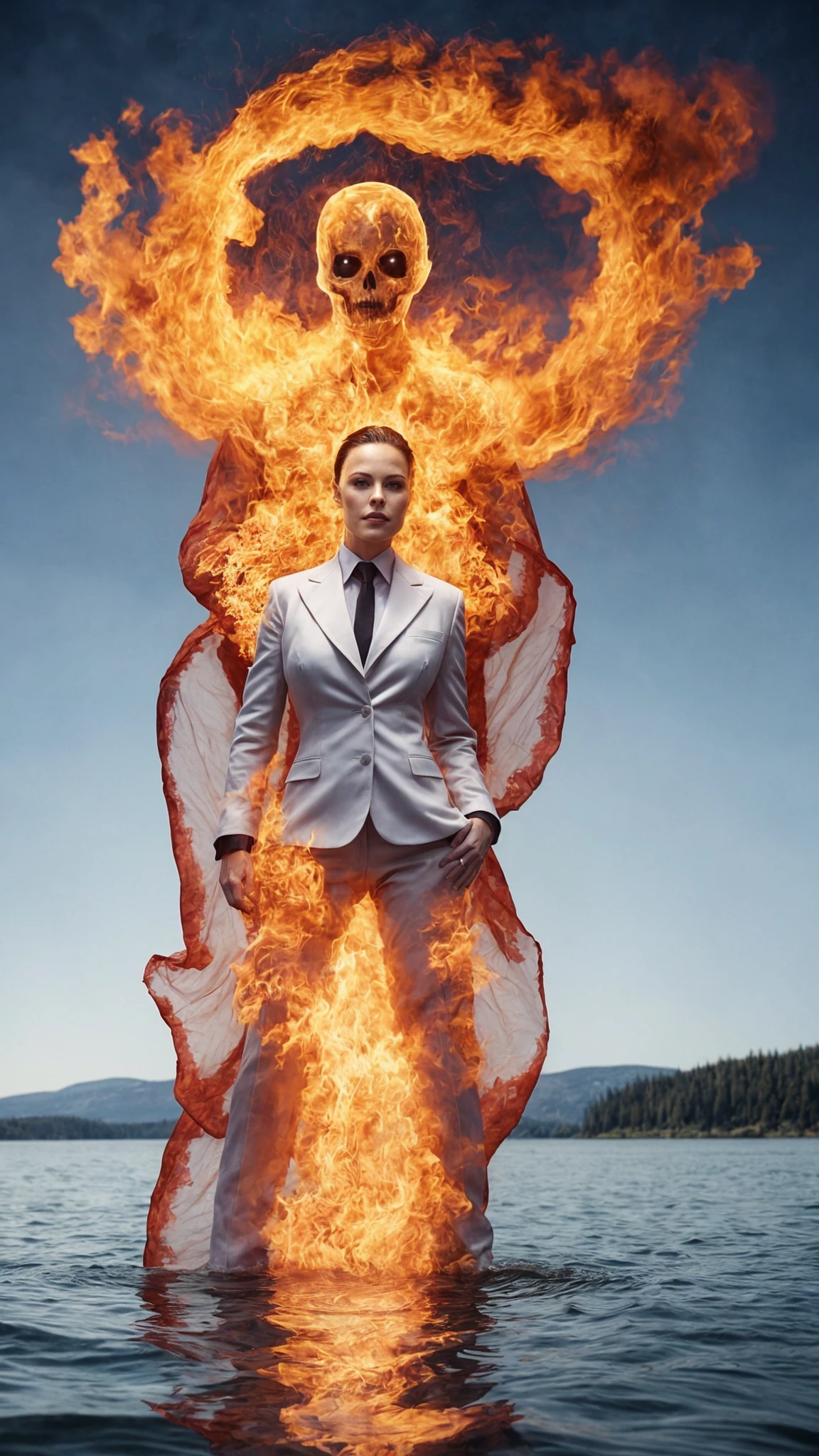 [A nuclear explosion : A woman [:([ <'EM_1'> | <'EM_2'> | <'EM_3'> ]:0.5):0.5] wearing a ghostly flaming business suit:0.25] over a lake