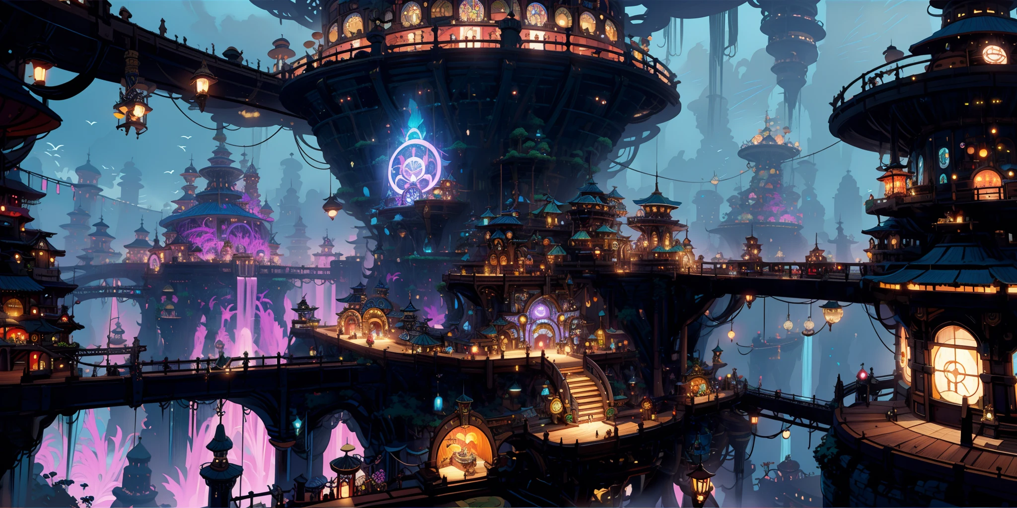 HEHEZI,game concept scene,rich colors,gorgeous,details,quadratic style,fresh illustration,scenery,bridge,fantasy,lantern,no humans,outdoors,stairs,building,city,sign,bird,cityscape,airship,waterfall,