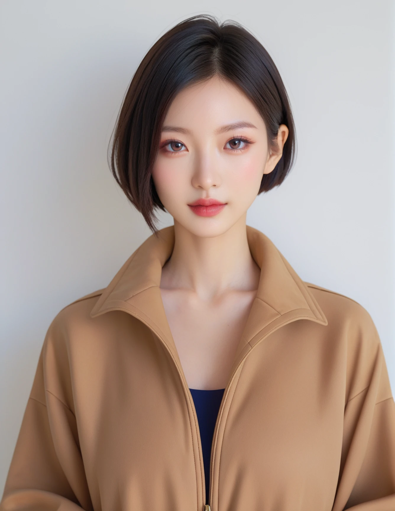 ,score_9,score_8_up,score_7_up, 20 years old, 8k, hd, beautiful girl, black hair, short hair,
1girl, detailed face, beautiful woman's face, jacket, white background, looking at viewer,