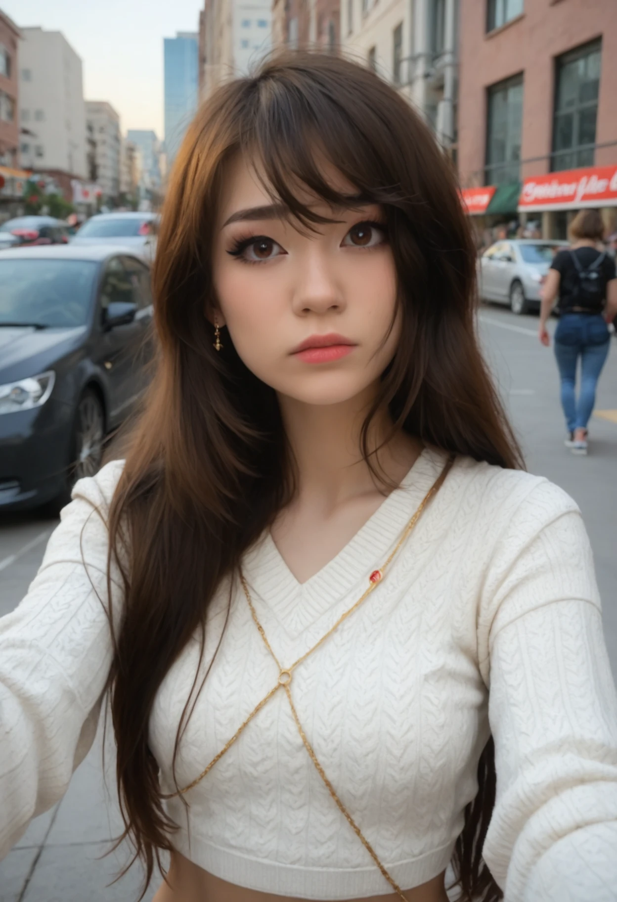 Emiru, embedding:zPDXL2, 1girl, solo, long hair, breasts, looking at viewer, sad, red hair, brown eyes, jewelry, nail polish, lips, sweater, ring, realistic, selfie, closed mouth, crowd, in city, blurry background