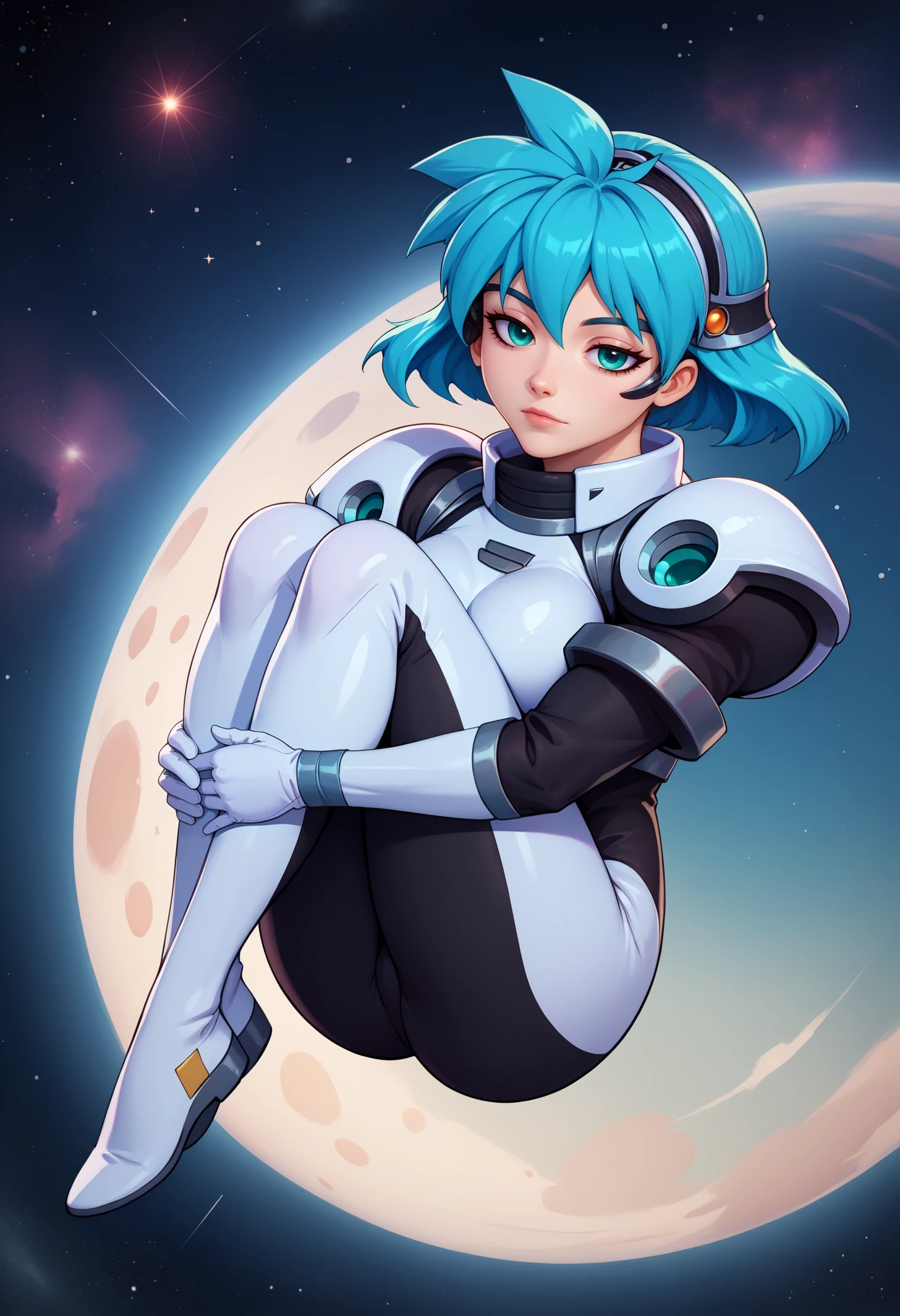 score_9, score_8_up, score_7_up, BREAK 1girl, solo, mgisb, aqua eyes, aqua hair, short hair, large breasts, <lora:MeiaGisbornPDXL_V1-Manityro-CAME:1.0>,
eyepiece, headband, two-tone bodysuit, shoulder armor,
looking at viewer, half-closed eyes, head tilt, hugging own legs, head rest, full body, three-quarter view,
space, stars, flying