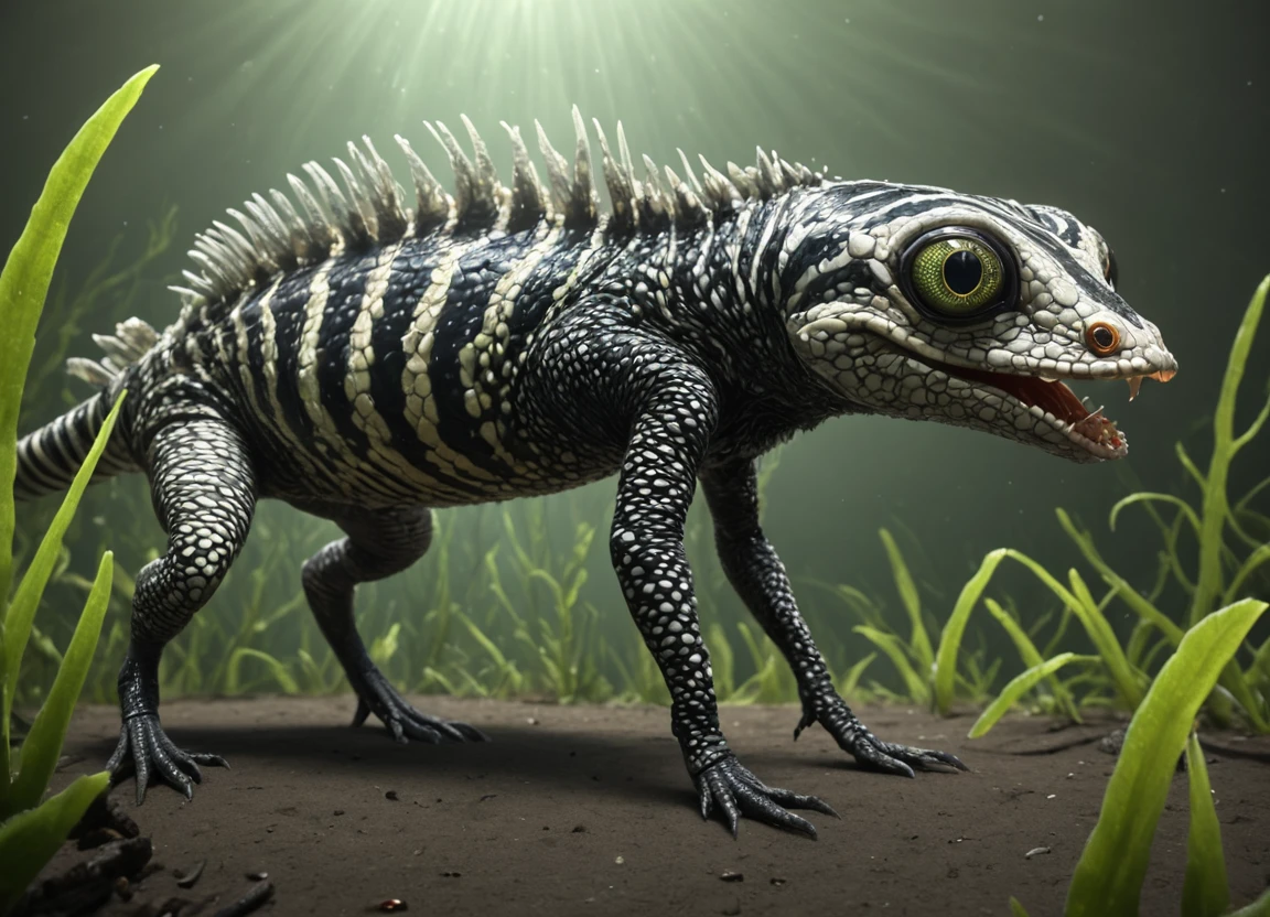 <lora:TheWeirdies_epoch_10:0.85> TheWeirdies Average Otherworldly Symbiotic Exo Amphibian, Hoofed, Single-Tailed Short-Tailed, Scales, Fang-Filled Mouth Zebra Stripes <lora:envyStarlight_v10:0.8> <lora:sss:0.8>