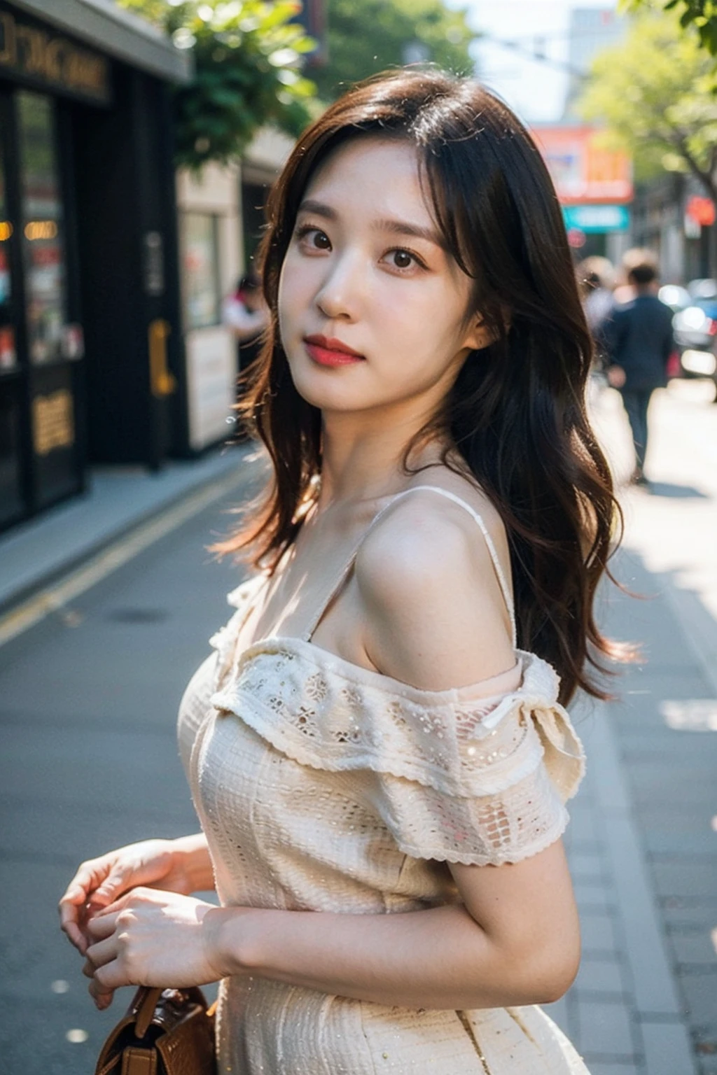 Best quality, masterpiece, ultra high res, (photorealistic), raw photo,1girl, skinny, upper body,solo, realistic, looking at viewer, long hair, bokeh background, city streets,brown eyes, bohemian dress,  <lora:makina69_parkeunbin_v1.0:1>