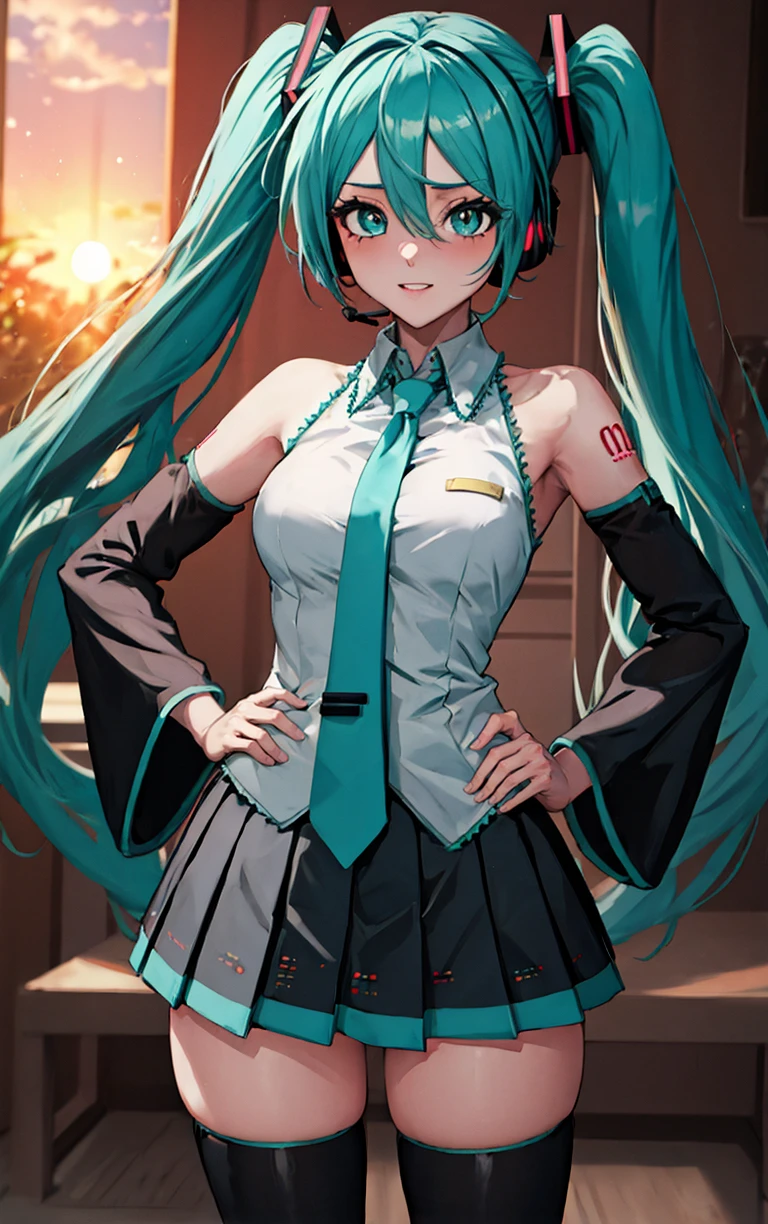 ((masterpiece, best quality)), insaneres, absurdres, solo, looking at viewer, 
MainOutfit_HatsumeMiku_ownwaifu, 
1girl, aqua eyes, aqua hair, hatsune miku, twintails, very long hair, hair ornament, bangs, hair between eyes, headphones, headset, shoulder tattoo, medium breasts, shiny hair, number tattoo, eyelashes, bright pupils,
detached sleeves, sleeveless shirt, bare shoulders, black sleeves, aqua necktie, collared shirt, black skirt, pleated skirt, grey shirt, miniskirt, black thighhighs, zettai ryouiki, long sleeves, wide sleeves, sleeves past wrists, frills, wing collar, 
(contrapposto, hand on hip), sunset, sidelighting, <lora:ANIME_HatsumeMiku_ownwaifu:1>,
 depth of field, light particles,