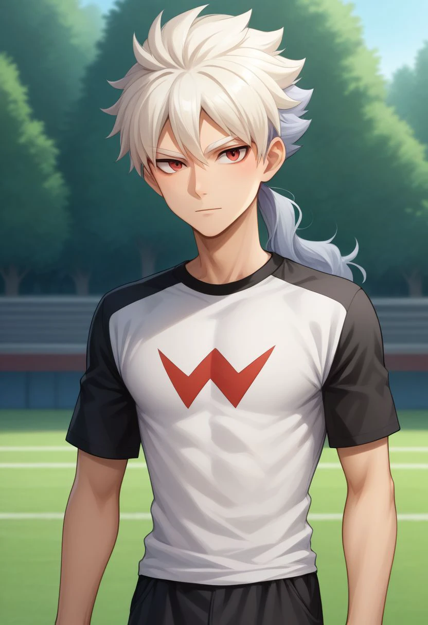 score_9, score_8_up, score_7_up, source_anime, highly detailed, 
bailong, solo, male focus, 1boy, soccer uniform, sportswear, two-tone hair, multicolored hair, long hair, red eyes, white hair, silver hair,
ponytail, white shirt, black shirt, two-tone shirt, shirt print, black pants, white pants, two-tone pants, upper body, skinny,
outdoor,