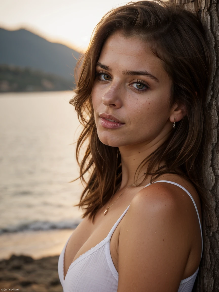 A photorealistic portrait of a 25-year-old swedan girl with long, flowing Bronte hair and striking blue eyes. She should have a natural, approachable expression and be illuminated by soft, golden-hour sunlight. The background should be a scenic outdoor setting, perhaps a sunlit park or beach. Capture this image with a high-resolution photograph using an 85mm lens for a flattering perspecti short hair, Erotic Lingerie