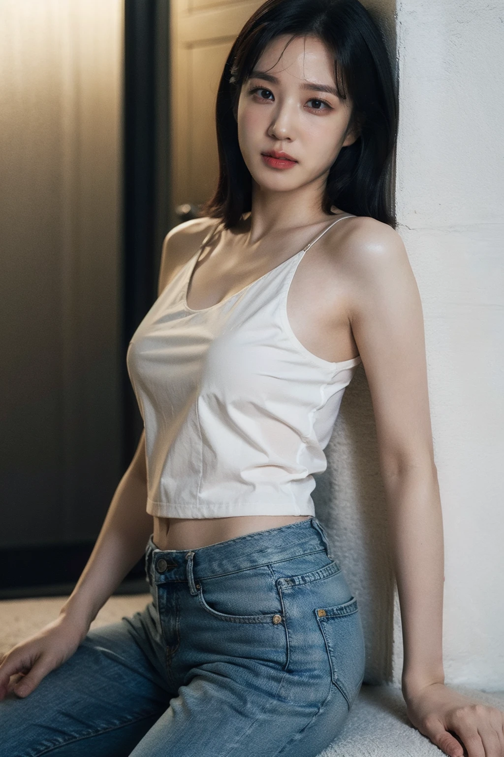 (realistic), (hyperrealism),best quality, masterpiece,ultra high res, (photorealistic:1.4),1girl,(looking at viewer:1.2),1girl, solo, realistic, looking at viewer, parted lips,  short jeans, tanktop,
,    <lora:makina69_parkeunbin_v1.0:1>