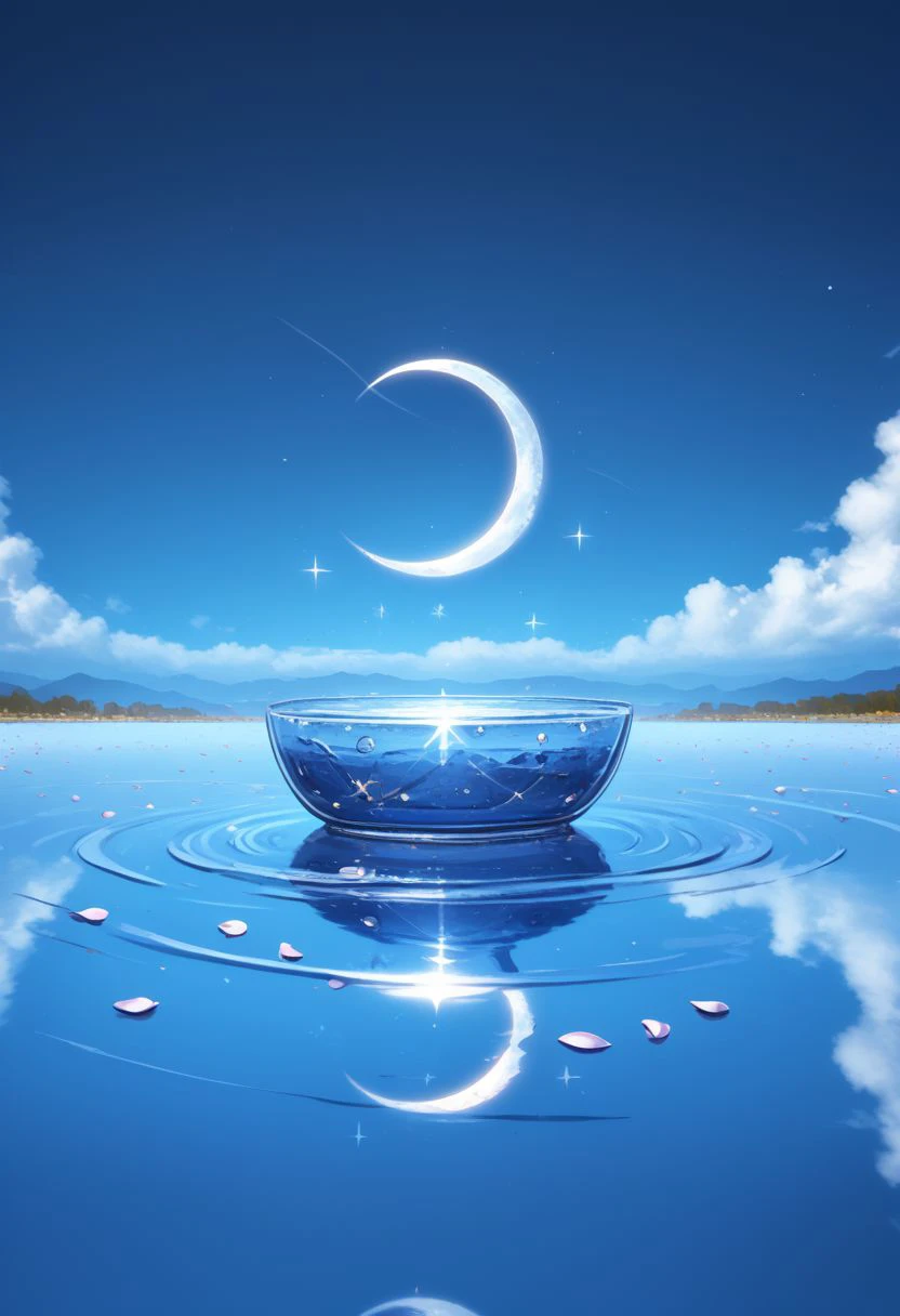 w4t3relemental style, scenery, no humans, sky, reflection, water, crescent moon, outdoors, moon, sparkle, blue sky, star (sky), cloud, gradient sky, horizon, petals, splash, ethereal, water, waves, made of water, partially submerged, ocean, blue theme, ultra sharp, BREAK  PonyXLV6_Scores