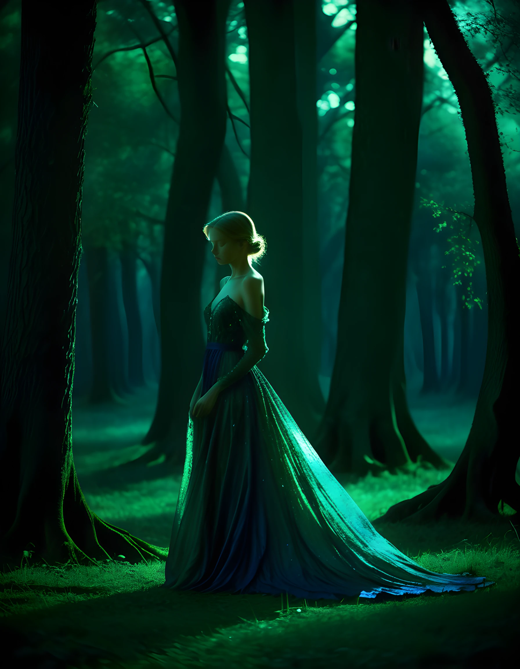 In the dimly lit, ethereal moonlit forest clearing, Anna stands resplendent, her silhouette framed by the dancing shadows of ancient trees, clad in a shimmering silk gown of midnight blue and emerald green.