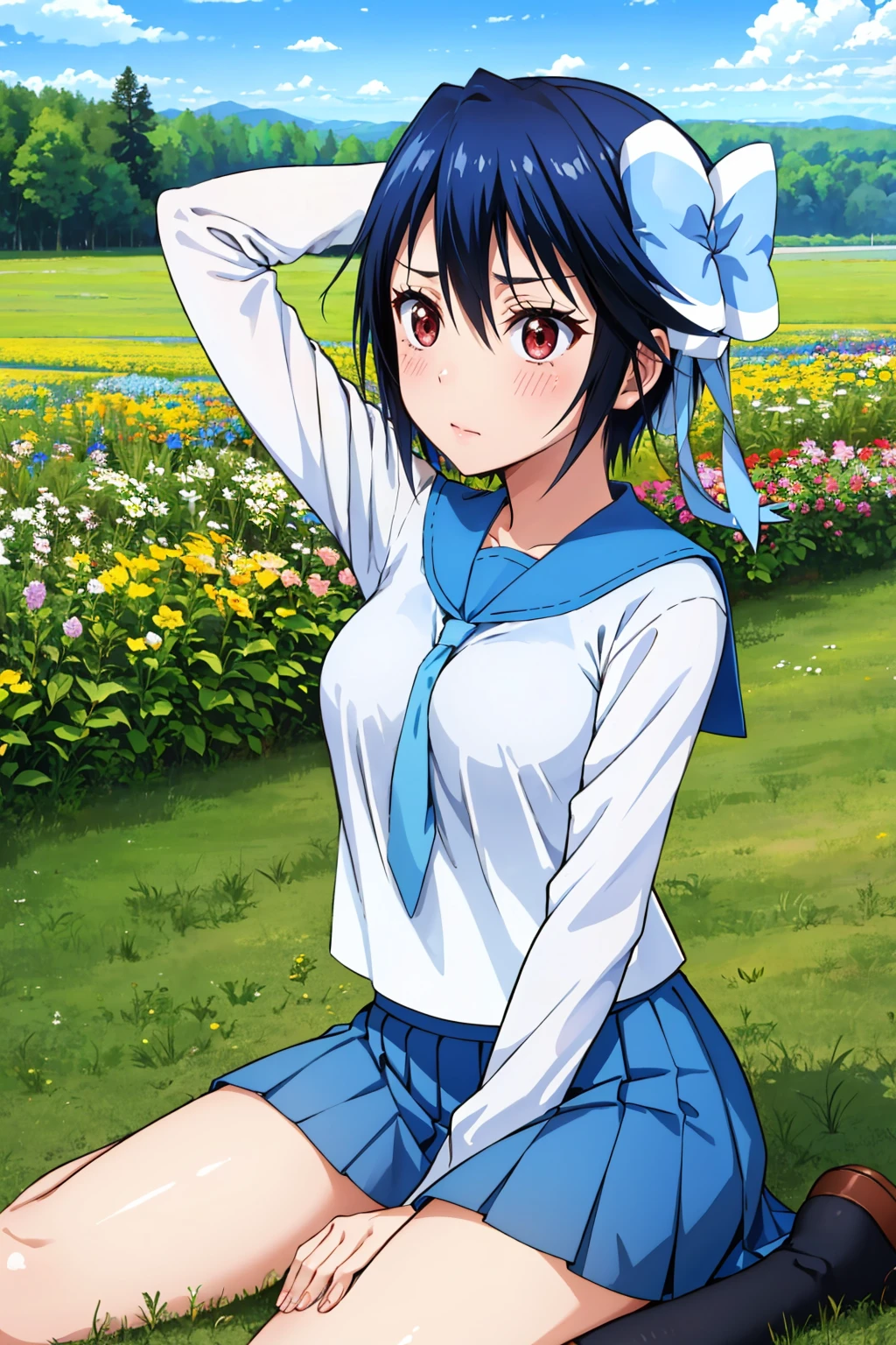 masterpiece, best quality, 1girl, <lora:tsugumi-nvwls-v1-000008:1> tsugumi seishirou, hair bow, serafuku, long sleeves, white shirt, pleated skirt, light blue skirt, arms behind head, looking up, sitting, on ground, field, flowers, blue sky