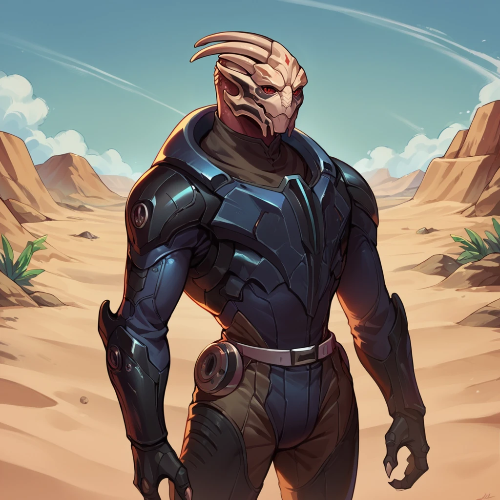 score_9, score_8_up, score_7_up, score_6_up, score_5_up, score_4_up, METurianM, 1boy, alien, black armor, black facepaint, red eyes,  jumpsuit, horns, desert, science fiction, sand dunes, cowboy shot  <lora:METurianPonyV6MF-03:1>