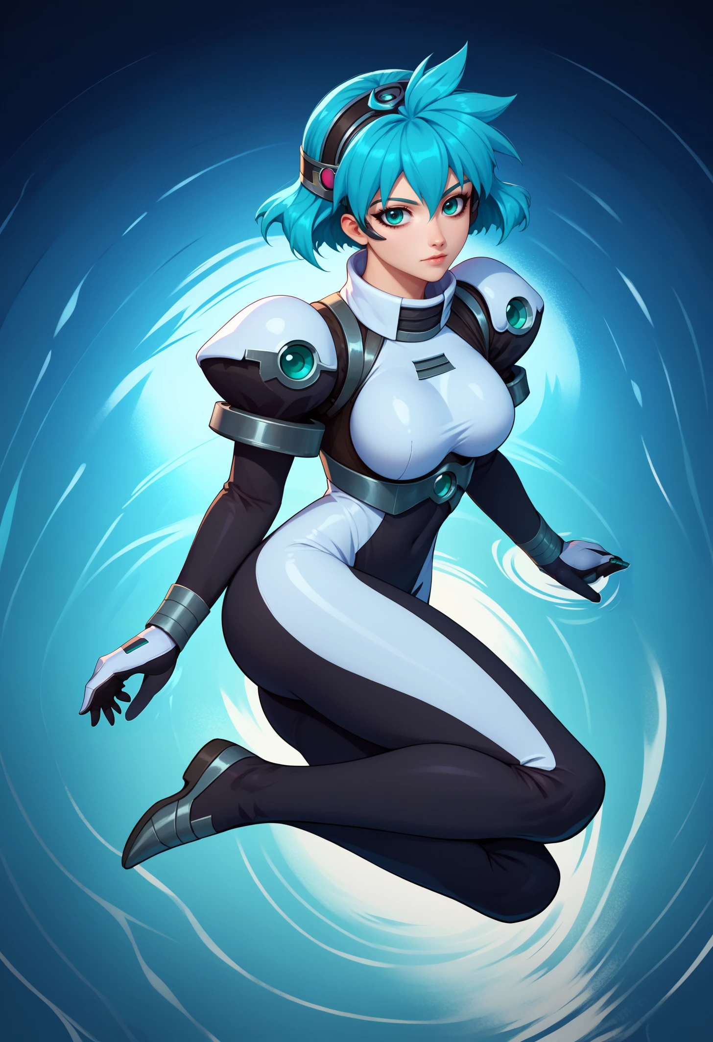 score_9, score_8_up, score_7_up, BREAK 1girl, solo, mgisb, aqua eyes, aqua hair, short hair, large breasts, <lora:MeiaGisbornPDXL_V1-Manityro-CAME:1.0>,
eyepiece, headband, two-tone bodysuit, shoulder armor,
looking at viewer, full body, on side, from above,
abstract, surreal, water only, floating, partially submerged,