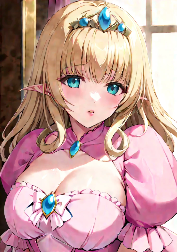 <lora:Laura_Elfinrine:0.85> luscius lips, lipgloss. blonde hair, tiara,  aqua eyes  wearing pink gown with puffy sleeves,  pink ribbon with a gem on chest, pink long gloves