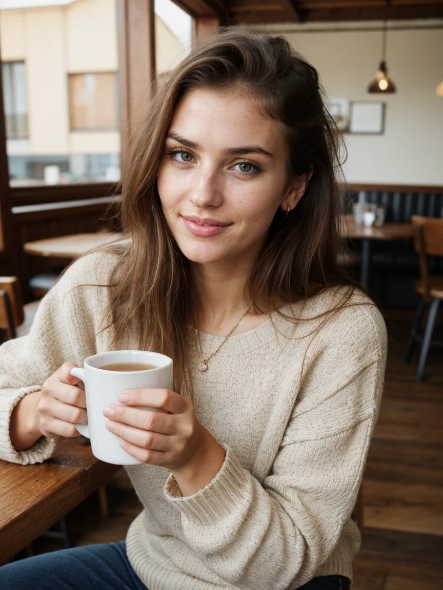 RAW photo, tv_Russian_Mix
BREAK
, wearing a cozy sweater, sitting in a cafe, holding a cup of steaming tea, flirty expression, 
BREAK, (((Ultra-HD-details, Ultra-HD-detailed, Ultra-HD-realistic, Ultra-HD-photo-same-realistic-quality-details))), 8k uhd, dslr, soft lighting, high quality, film grain, Fujifilm XT3