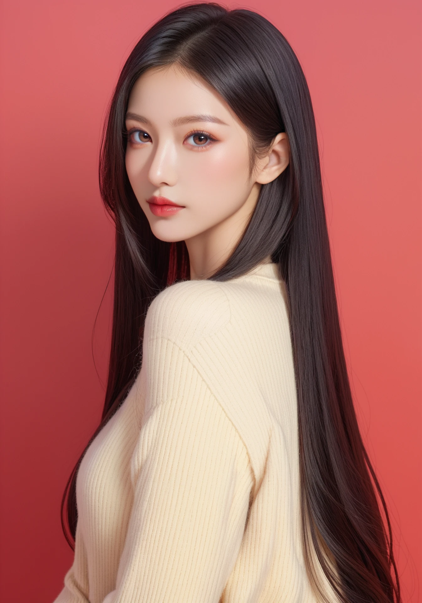 ,score_9,score_8_up,score_7_up, 20 years old, 8k, hd, beautiful girl, black hair, very long hair, straight hair, closed mouth,
1girl, detailed face, beautiful woman's face, sweater, red background, looking at viewer,