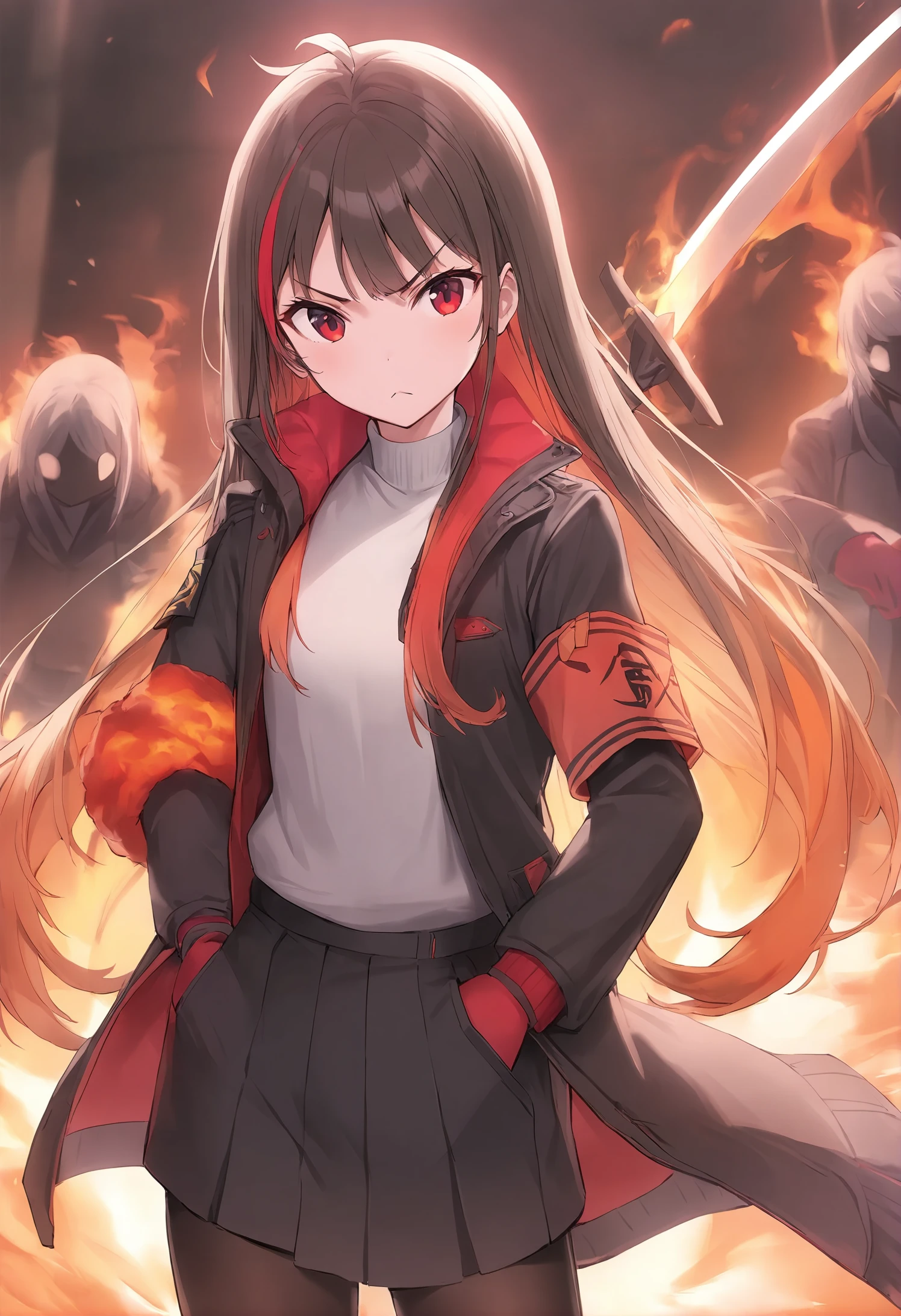 1girl,
rangu,
gloves, red eyes, open jacket, two-tone hair, turtleneck, black legwear, multicolored hair, long hair, holding sword, closed mouth, armband, v-shaped eyebrows, >:\(, tsurime, brown hair, holding, open clothes, jacket, solo focus, red gloves, white hair, sword, cowboy shot, long sleeves, hand in pocket, holding weapon, weapon, white shirt, black jacket, looking at viewer, pantyhose, shirt, straight hair, fire, standing,
masterpiece, best quality
<lora:rangu_image256_2024-03-28_a31-000024:1>