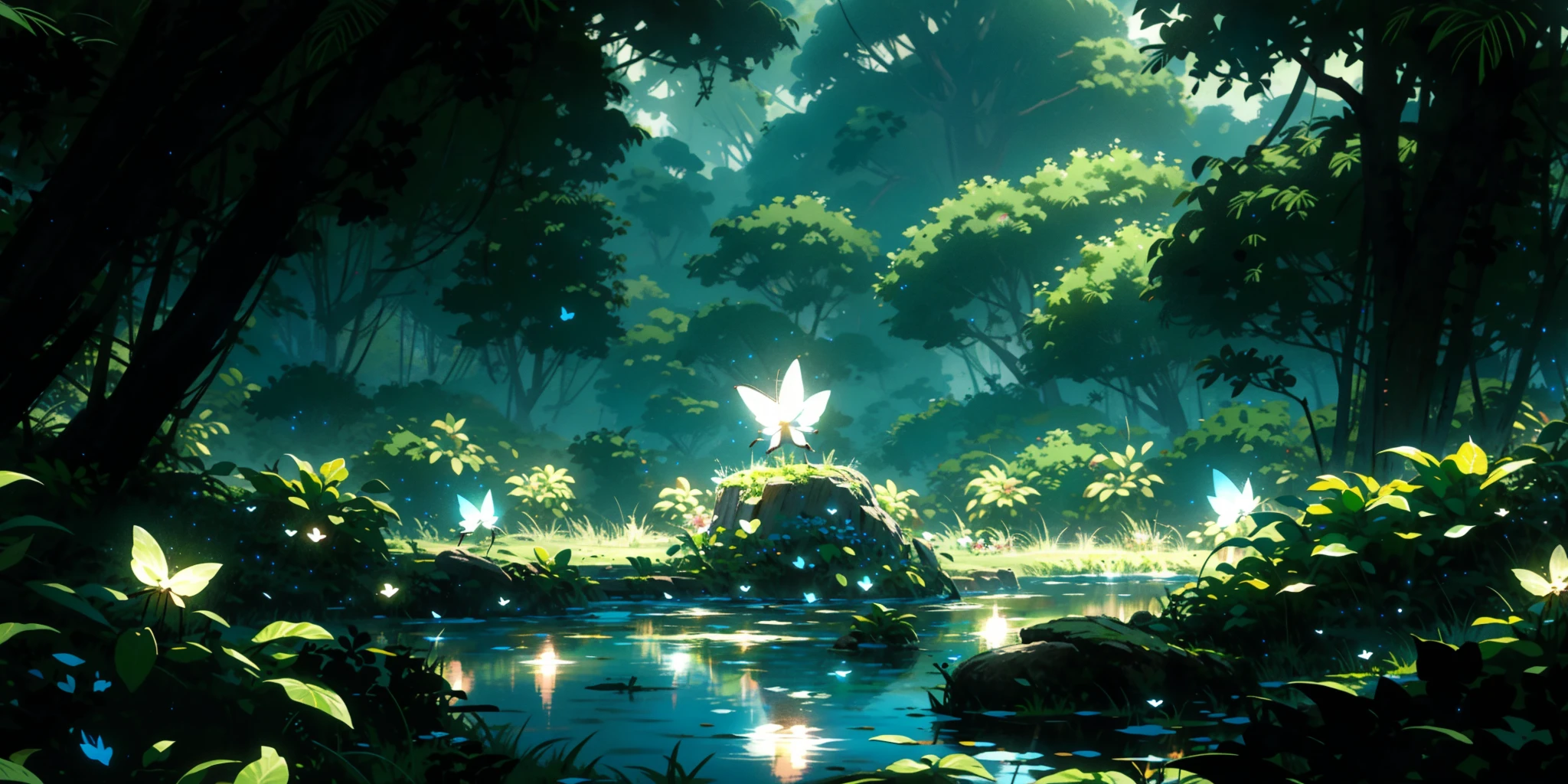 HEZI,game concept scene,rich colors,gorgeous,details,quadratic style,fresh illustration,scenery,nature,forest,1girl,tree,water,outdoors,long hair,solo,flower,butterfly,fantasy,bug,plant,standing,pond,glowing,fairy,sword,weapon,reflection,facing away,glowing butterfly,dress,wide shot,green theme,from behind,holding,white hair,