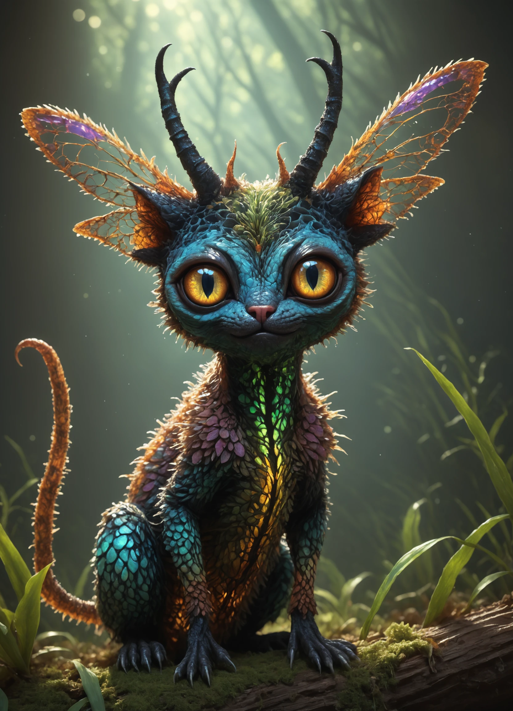 <lora:TheWeirdies_epoch_10:0.78> no humans, animal focus, Enormous Stealthy Woven Bohemian Fungoid, Webbed Appendages, Multi-Tailed Prehensile-Tailed, Iridescent Skin, Cat Ears, elemental Wings, Straight Horns Serrated Jaw Cow Print <lora:add-detail-xl:1>