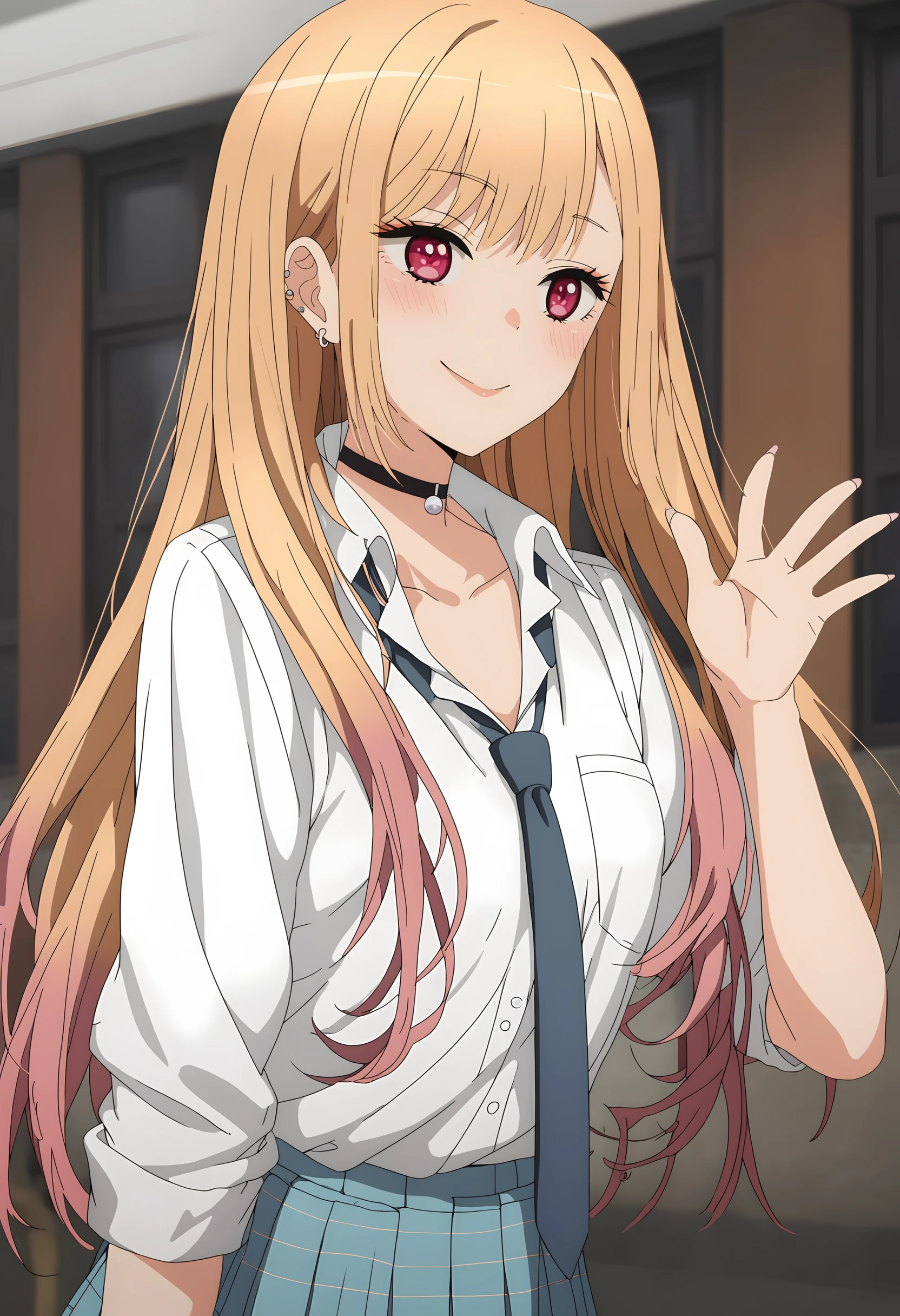 (score_9_up, score_8_up, score_7_up), (masterpiece, best quality, very aesthetic, ultra detailed, source anime, anime, intricate details), <lora:Sono Bisque Doll wa Koi wo Suru - Marin Kitagawa XL R1.1:0.8>, Kitagawa Marin, 1girl, blonde hair, necktie, solo, school uniform, skirt, long hair, choker, multicolored hair, smile, shirt, jewelry, red eyes, earrings, piercing, white shirt, ear piercing, blush, blue skirt, pleated skirt, bangs, gradient hair, black choker, collared shirt, barbell piercing, colored tips, collarbone