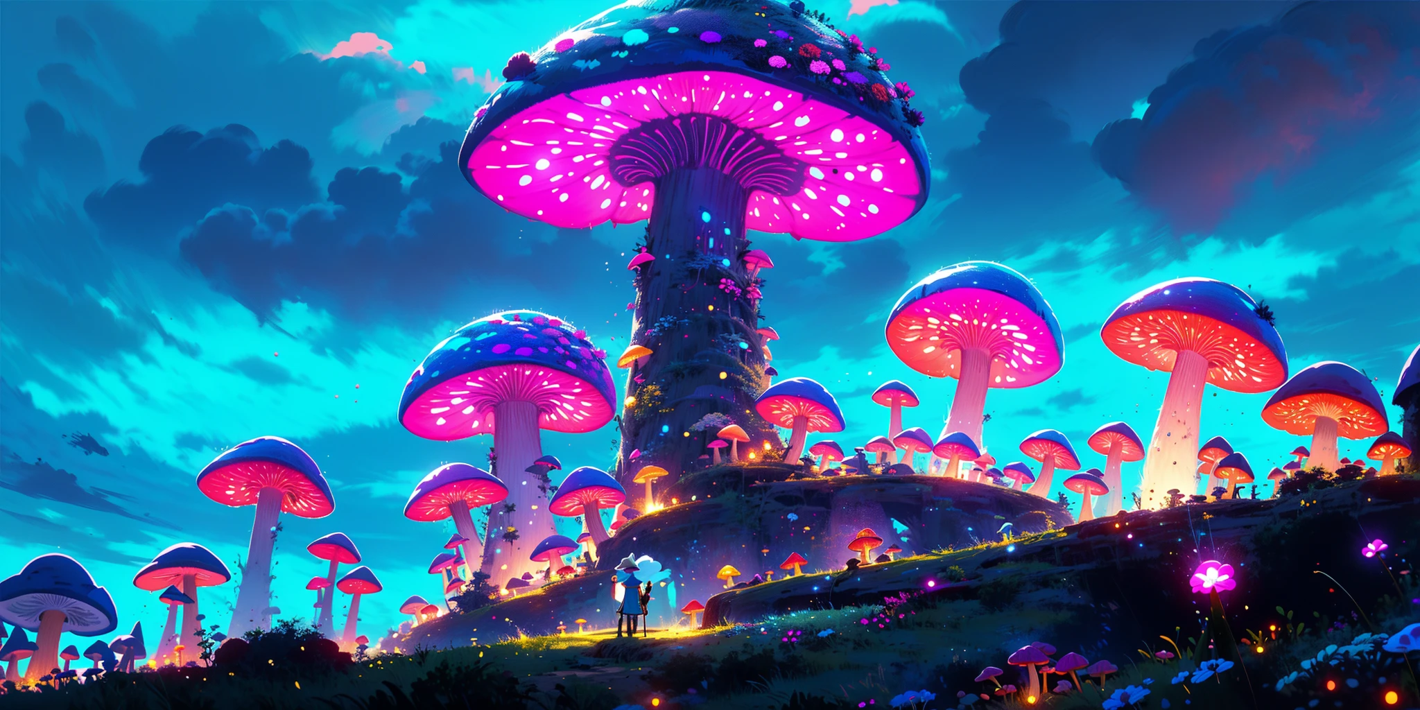 HHEZI,game concept scene,rich colors,gorgeous,details,quadratic style,fresh illustration,mushroom,outdoors,scenery,sky,cloud,staff,1girl,standing,fantasy,glowing,day,holding,blue sky,holding staff,solo,cloudy sky,1boy,hat,from behind,tree,bug,