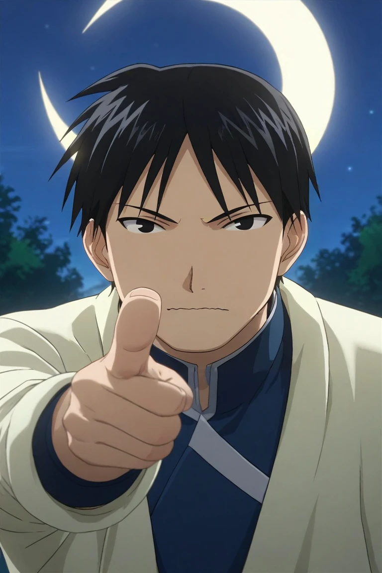 score_9, score_8_up, score_7_up, source_anime, rating_safe, intricate details, (3d:0.4), looking at viewer, depth of field, 1boy, solo, male focus, <lora:roy_mustang_pony:0.9>, roy_mustang, black hair, black eyes, symmetry, skytree, night, crescent moon, pointing, wavy mouth, closed mouth, ,, <lora:sdxl_lightning_8step_lora:1>