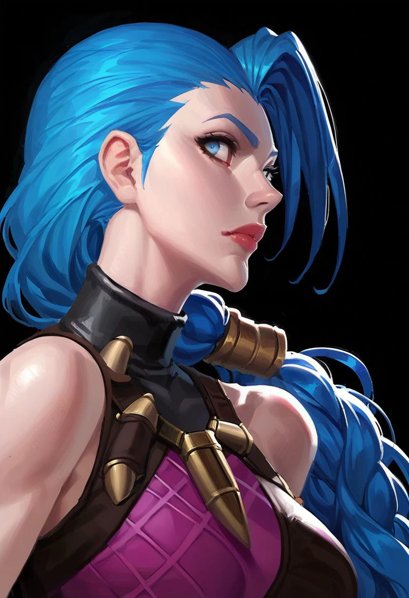 score_9,score_8_up,score_7_up,score_6_up, easynegative, SJ_Style, jinx (league of legends), 1girl, ponytail, long hair, blue eyes, upper body, bare shoulders, black background, blue hair, simple background, sleeveless, lips, closed mouth, turtleneck, large breasts, profile, from side, nose, epiCPhoto