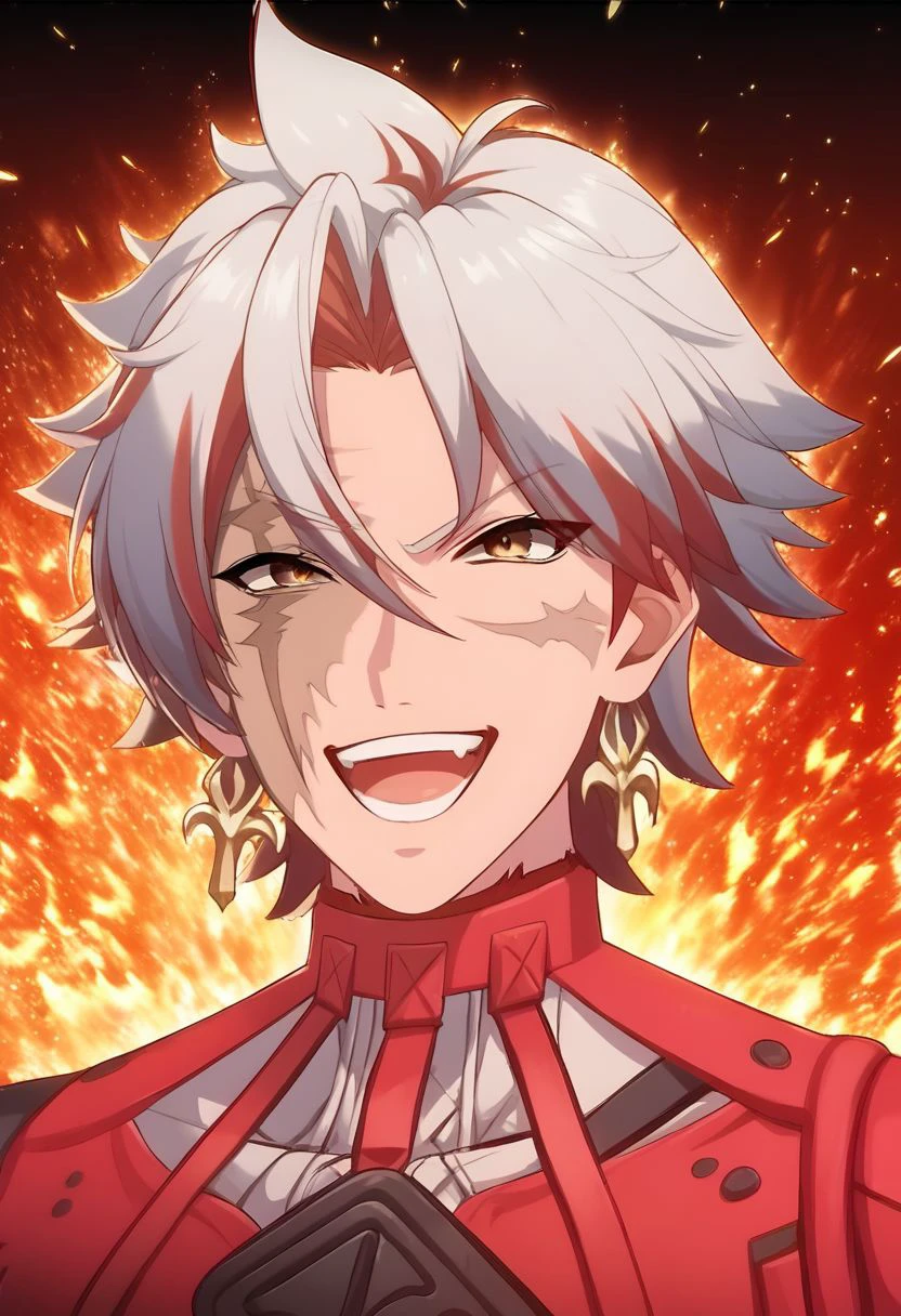 score_9, score_8_up, score_7_up, source_anime, rating_safe, Scarussy, Scardesign, official style, 1boy, smile, male focus, open mouth, upper body, teeth, maniac, evil, evil, fire effects, embers, abstract background