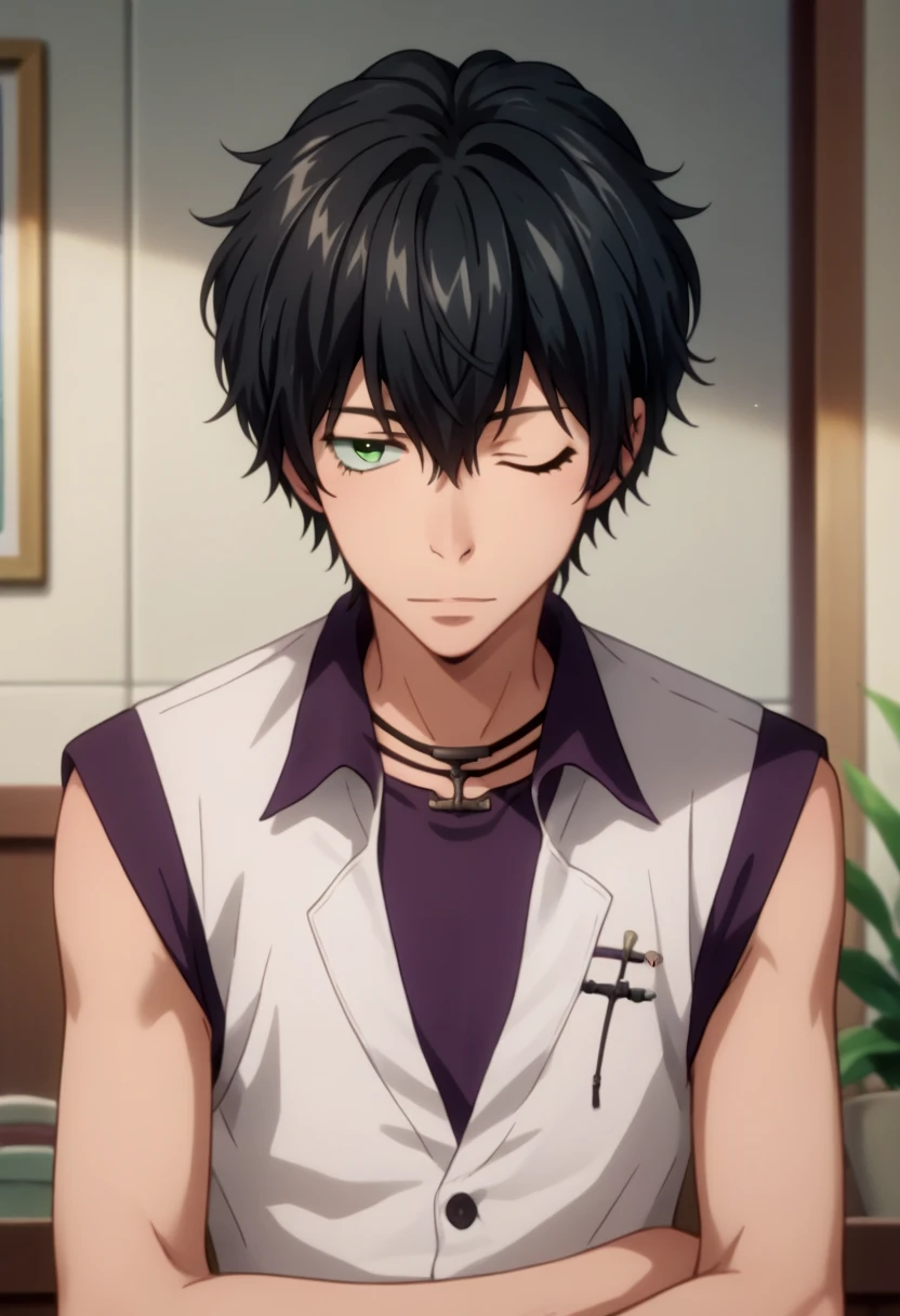 Prompt: score_9, score_8_up, score_7_up, score_6_up, highly detailed, masterpiece, best quality,detailed,intricate details, amazing quality, best aesthetic, absurdres,source_anime,lambo, black hair, green eyes, 1boy, male focus, solo, one eye closed, purple shirt, white vest<lora:EMS-392042-EMS:1.000000>