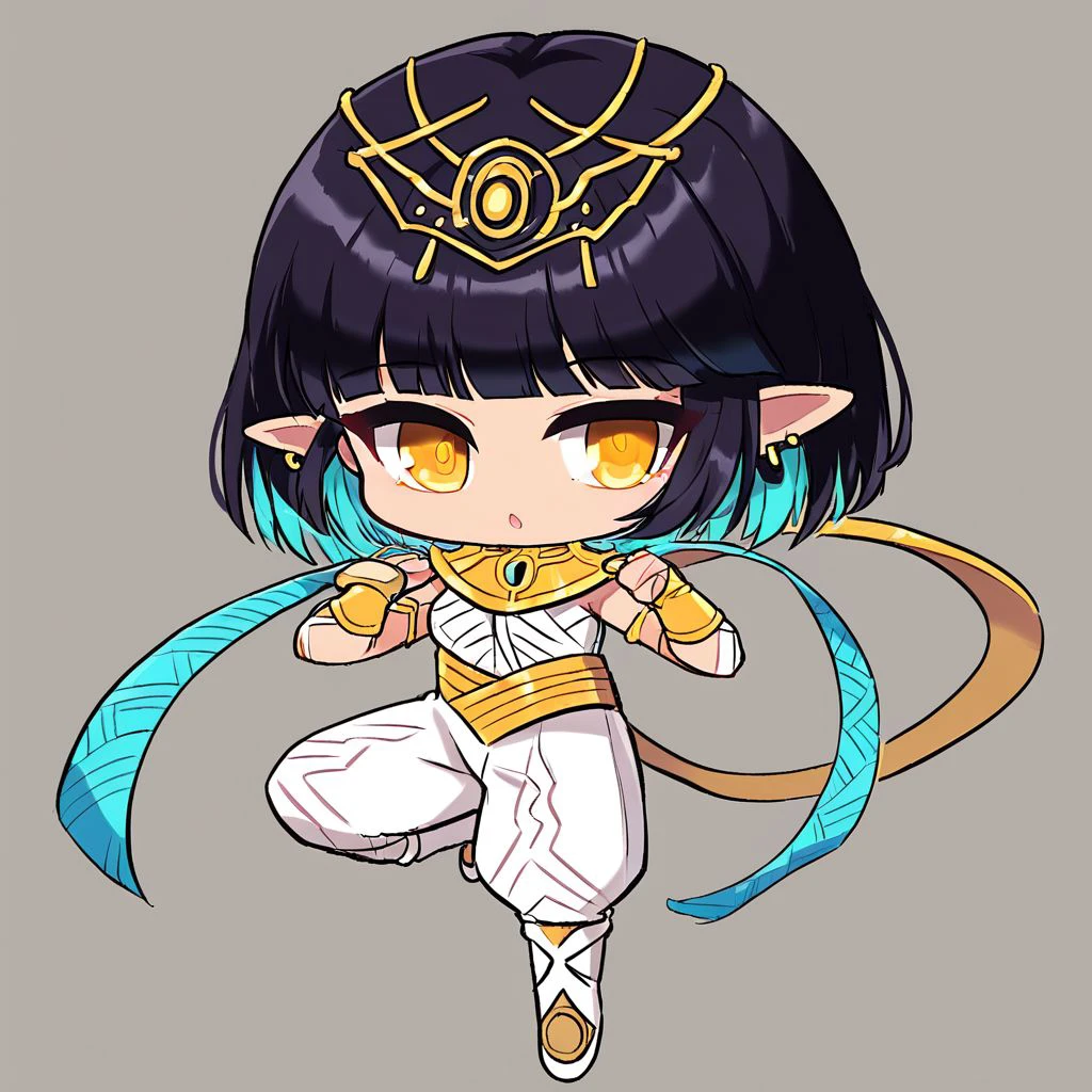 khali, female, woman, girl, gold earrings, black hair, blue hair, pointy ears, 1girl, yellow eyes, two-tone hair, short hair, egyptian clothes, amber eyes, gold tiara, gold eyes, two tone hair, solo, cuteartstyle, full body, chibi, chibi style, good hands, well drawn hands, well-drawn hands, good anatomy, good quality, good art, detailed, detailed face, detailed eyes, easynegative, masterpiece