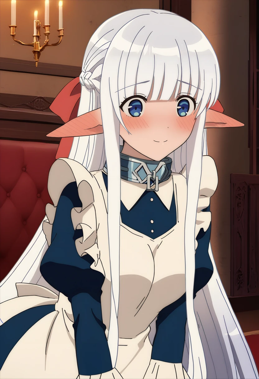 (score_9_up, score_8_up, score_7_up), (masterpiece, best quality, ultra detailed, intricate details, source anime, high resolution, smooth lines), <lora:Madome - Nephelia SDXL R1:0.8>, Nephelia, 1girl, pointy ears, blue eyes, very long hair, white hair, elf, apron, maid, collar, braid, dress, long sleeves, frills, blunt bangs, hair ribbon, leaning forward, nervous smile, blush, ear blush, bedroom,