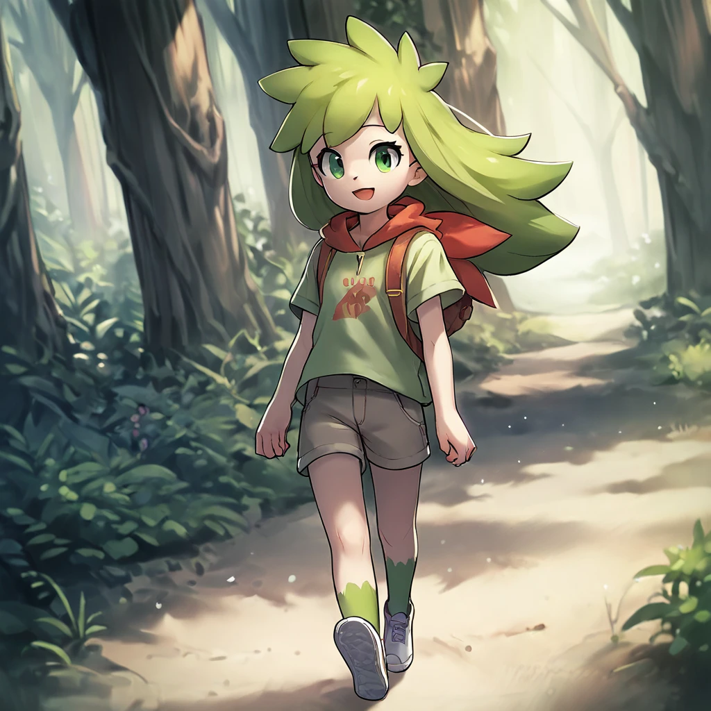 score_9, score_8_up, score_7_up, score_6_up, score_5_up, score_4_up, source_anime,  Shaymin_Human, forest, walking, happy