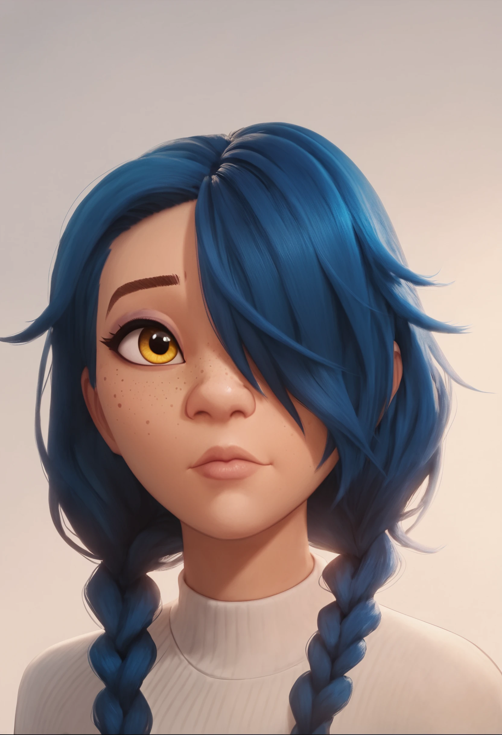 <lora:morales:0.8> score_9, score_8_up, score_7_up,  mrls, white 1girl, solo, portrait, small cute nose, eyelashes, eyeliner, hair covering one eye, twin braids hair, blue hair, freckles, yellow eyes,
