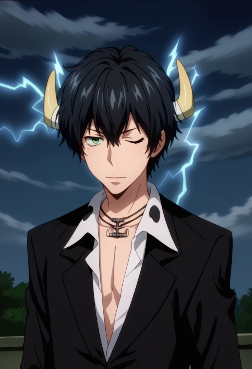 Prompt: score_9, score_8_up, score_7_up, score_6_up, highly detailed, masterpiece, best quality,detailed,intricate details, amazing quality, best aesthetic, absurdres,source_anime,lambo, black hair, green eyes, 1boy, male focus, solo, one eye closed, horns, jewelry, necklace, formal, black suit, lightning, electricity<lora:EMS-392042-EMS:1.000000>