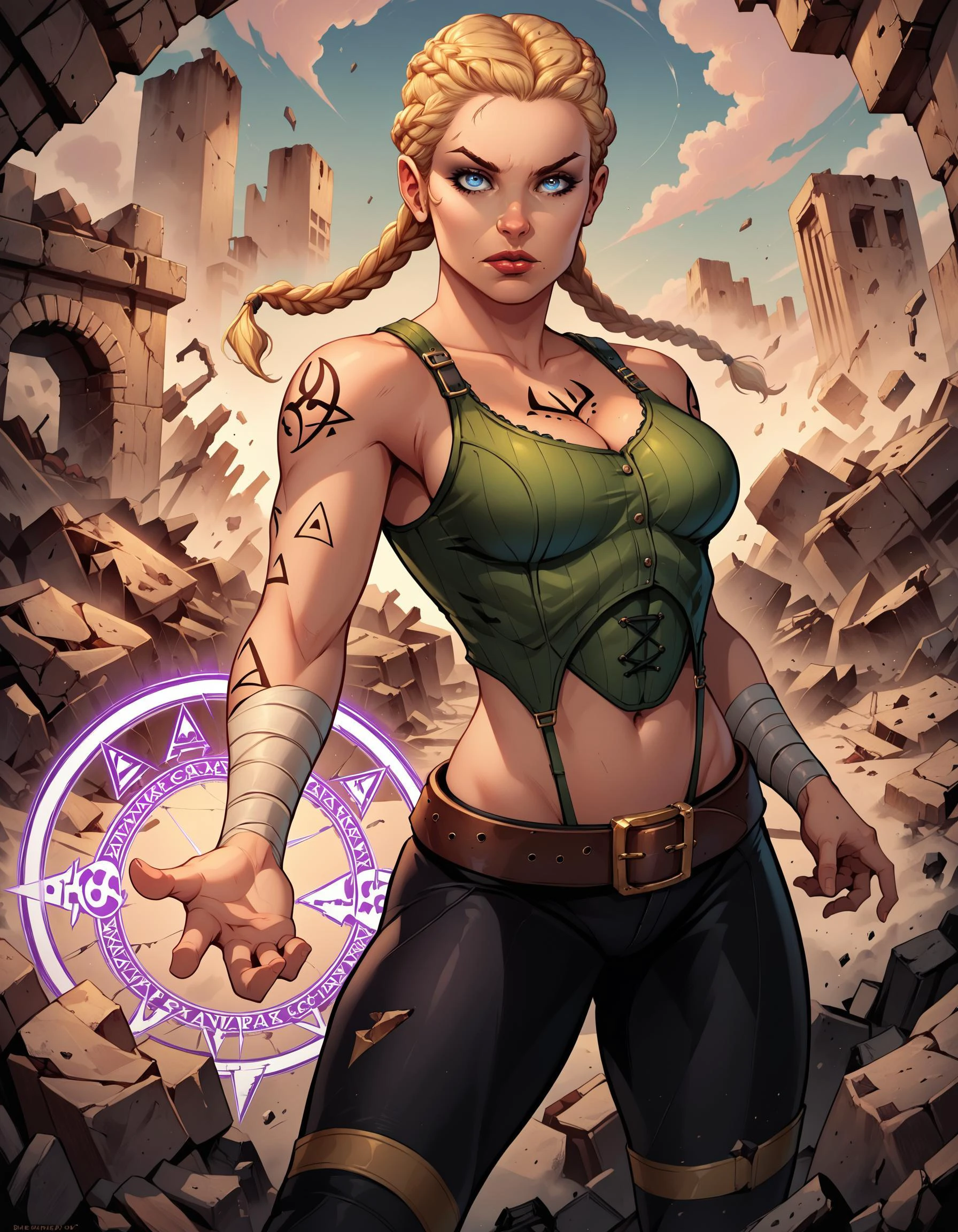 score_9, score_8_up, score_7_up, BREAK gr3t3lgrimm, solo, long hair, blonde hair, twin braids, blue eyes, green crop top, black pants, belt, bandaged arm, arm tattoo, chest tattoo, standing, dynamic pose, magic circle, facing viewer, looking at viewer, detailed face, outdoors, post-apocalypse, rubble, debris, ruins, <lora:gr3t3lgrimm:0.8>