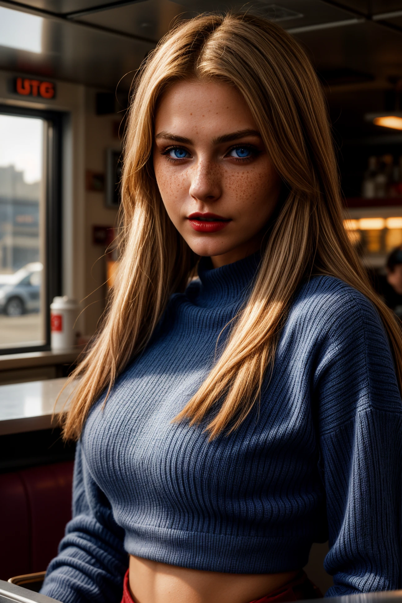 25 years old woman, large beautiful blue eyes, long straight blonde hair,  burgundy stripes sweater, freckles, small waist, skin glistening, hair cascading over shoulders, red lips, in a diner, fast-food, soft warm light highlight, close-up portrait, detailed, hdr, epic background, line art, digital illustration, comic style, dynamic, highly detailed, artstation, concept art, smooth, sharp focus, detailed background, 60-30-10 color rule, warm tones, godrays, global illumination, detailed and intricate environment<lora:better freckles_epoch_12:0.8> <lora:more_details:1>