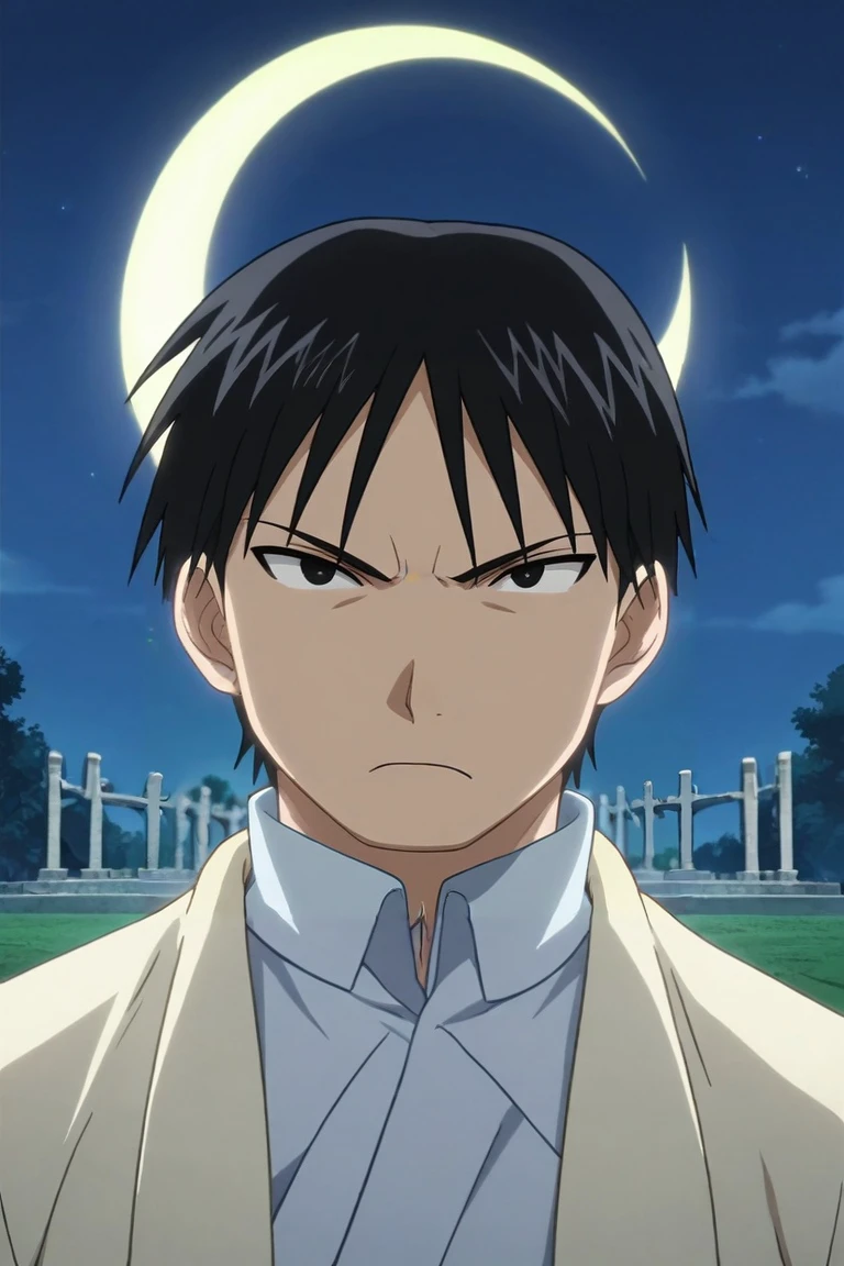 score_9, score_8_up, score_7_up, source_anime, rating_safe, intricate details, anime screencap, anime coloring, official style, , depth of field, 1boy, solo, male focus, <lora:roy_mustang_pony:0.82>, roy_mustang, black hair, black eyes, symmetry, cemetery, night, crescent moon, standing, angry, , <lora:sdxl_lightning_8step_lora:1>