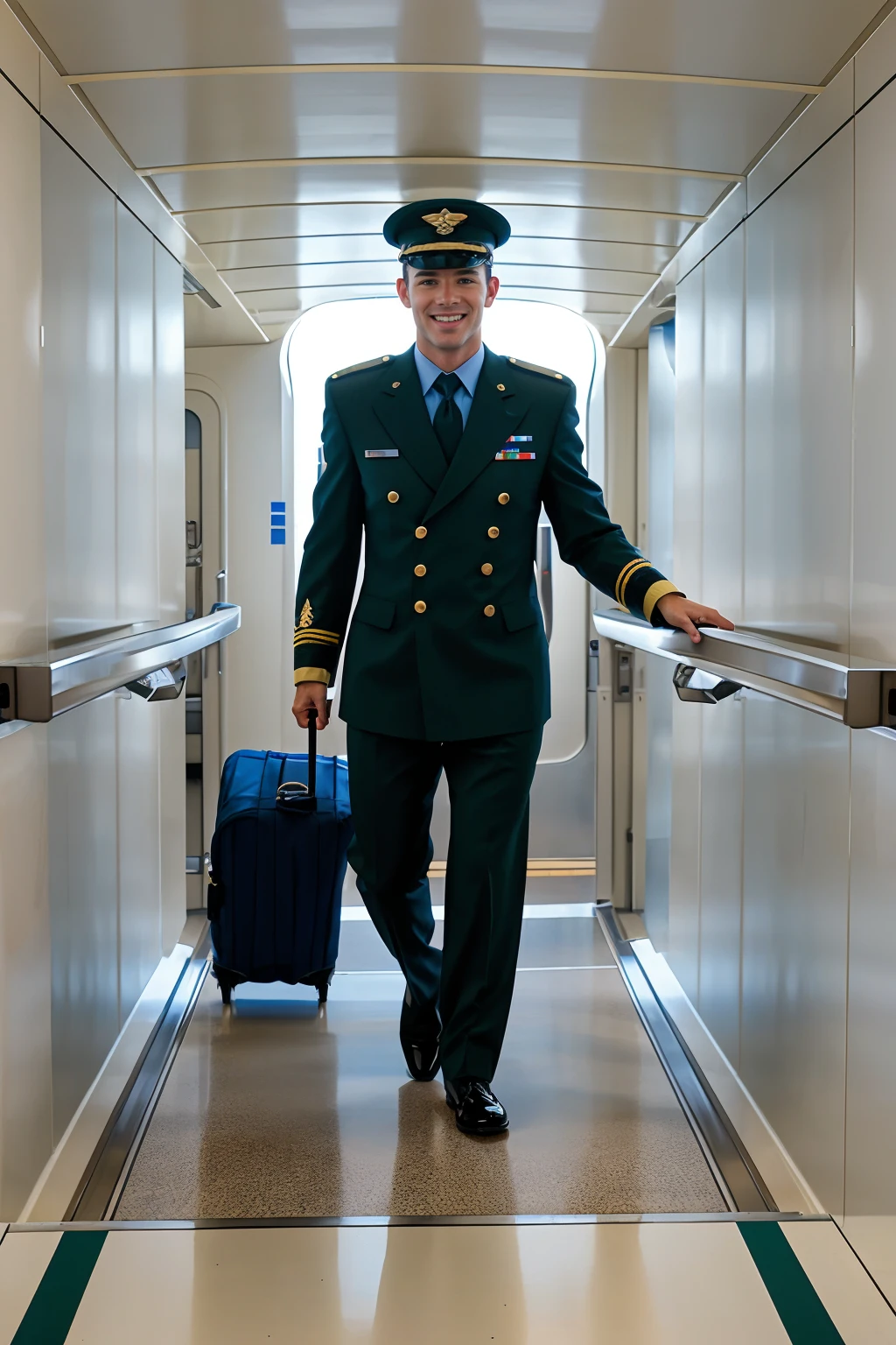 (jetway) leading to a commercial airline jet, walking pulling luggage roller bag behind him, AddisonGraham is an airline pilot, wearing (airline pilot uniform), airline captain's hat, smiling, (((full body portrait))), wide angle  <lora:AddisonGraham:0.8>